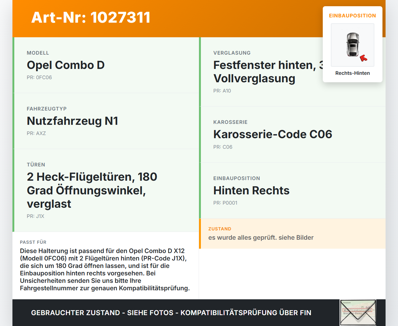 Opel Combo D X12 11-18 1,4 70KW Halterung Entriegelung für 180 Grad Türfangbänder Fangbandstopper Rechts Hinten... Vorschau 3