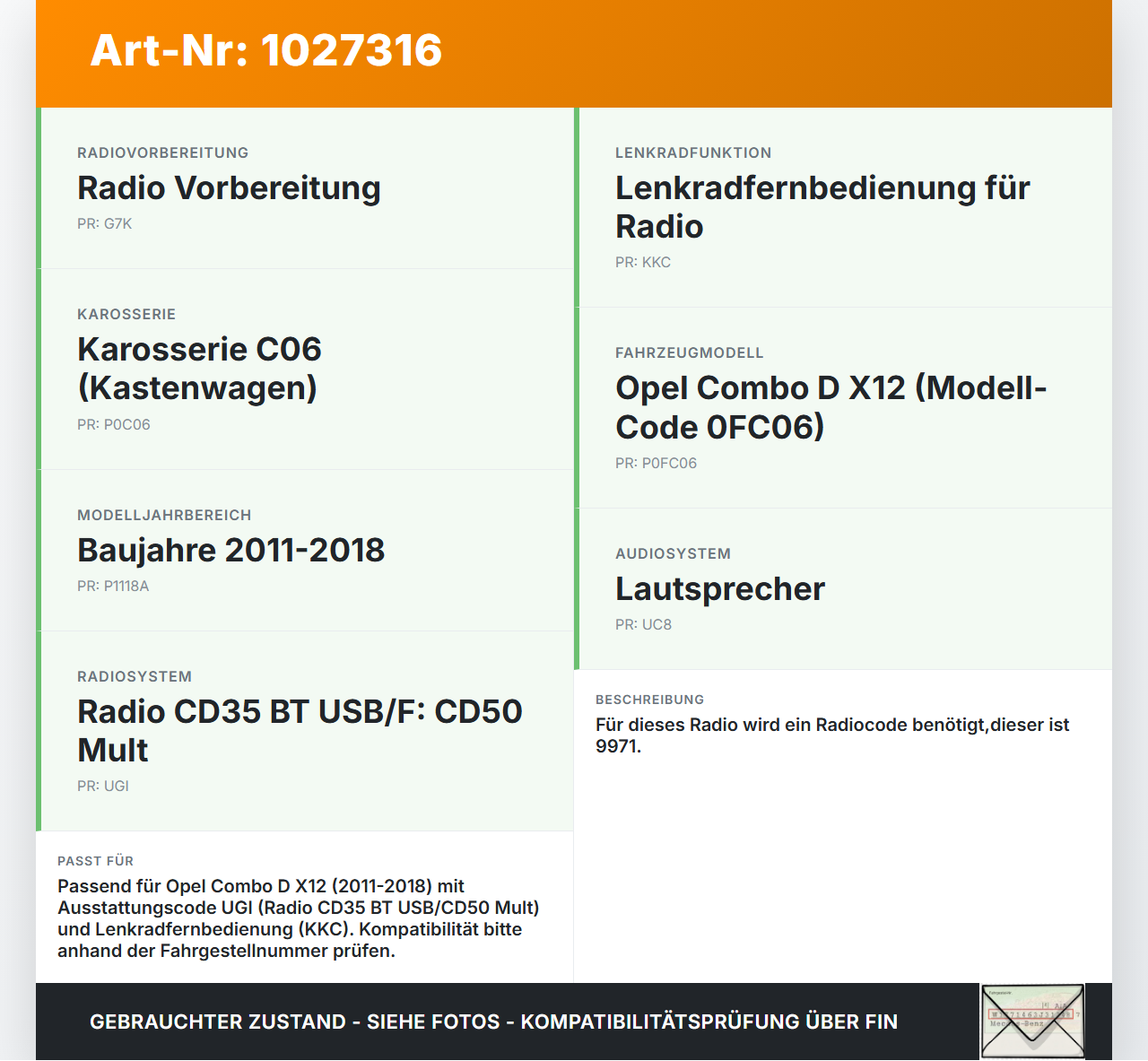 Opel Combo D X12 11-18 Autoradio CD-Radio Audio System Opel Combo D X12 11-18 09.04.2018 00520907700 52090770 gebraucht Vorschau 3