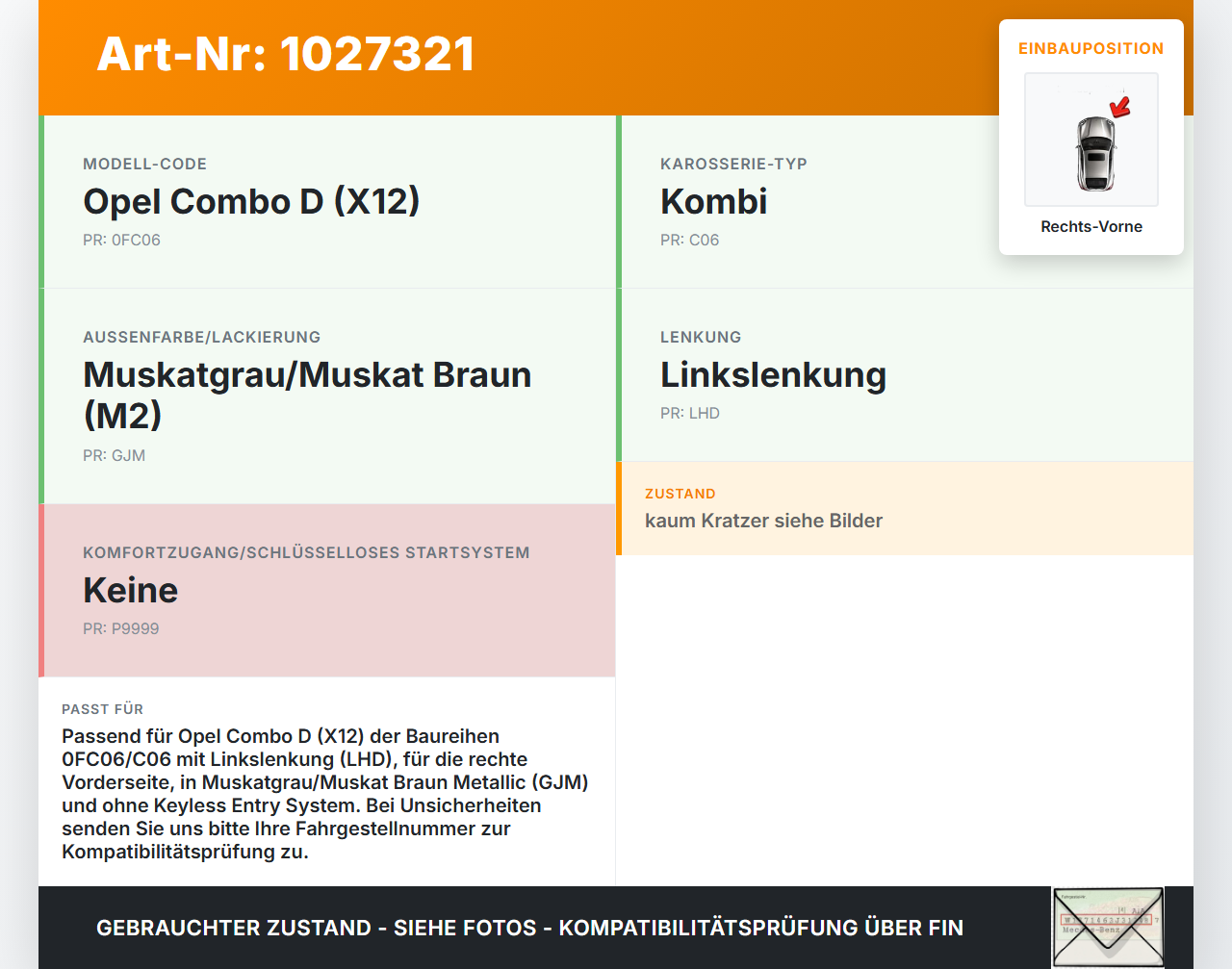 Opel Combo D X12 11-18 Kombi Türgriff Griff aussen Rechts Vorne GJM Opel Combo D X12 11-18 09.04.2018 gebraucht Vorschau 3