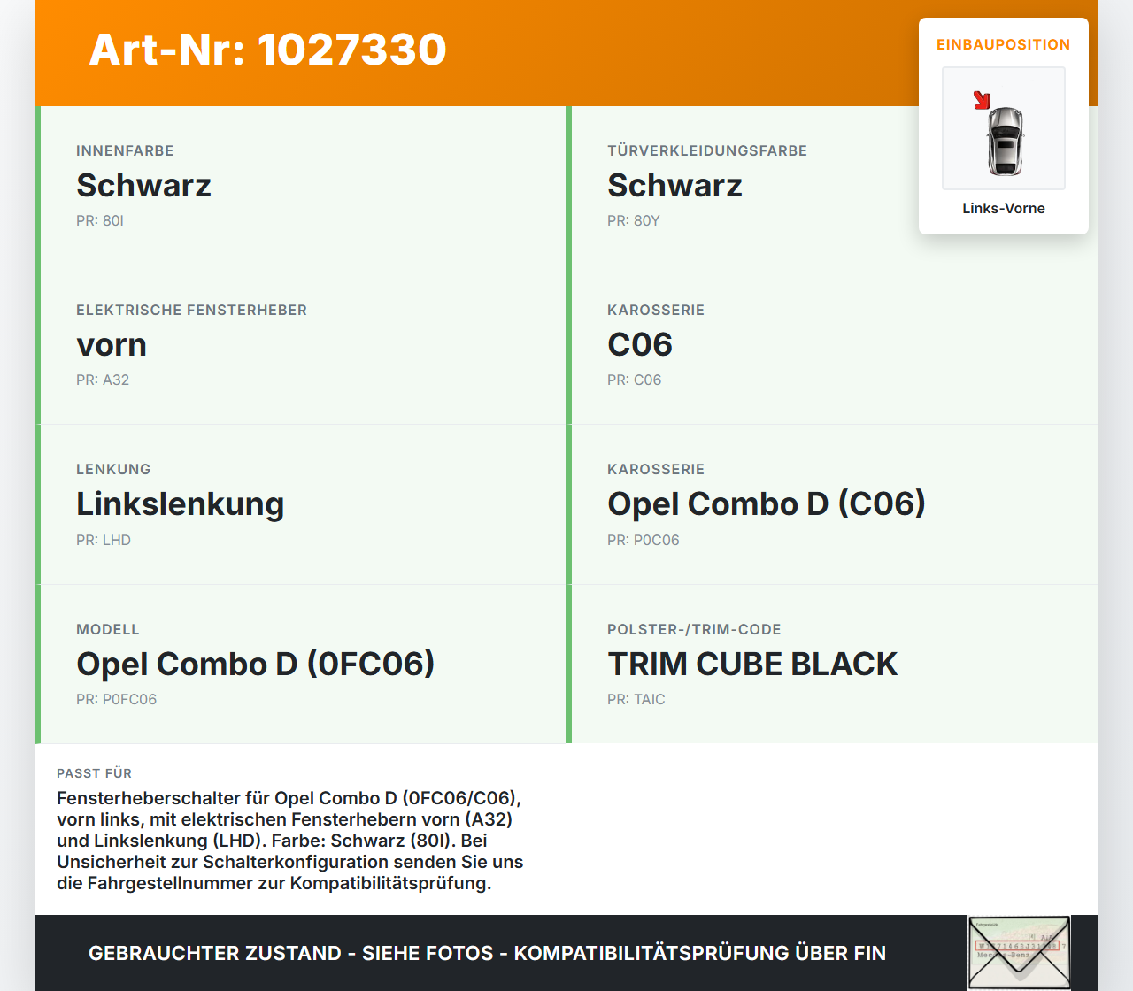 Opel Combo D X12 11-18 Kombi Fensterheberschalter Schalter Links Vorne Opel Combo D X12 11-18 09.04.2018 gebraucht Vorschau 3