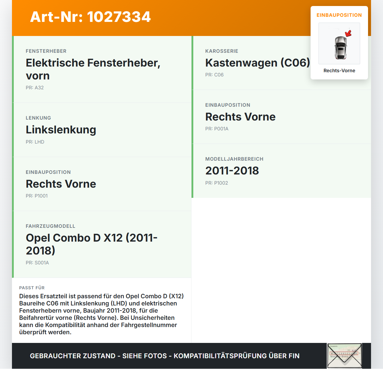 Opel Combo D X12 11-18 Kombi Fensterhebermotor mit Fensterheber Rechts Vorne Opel Combo D X12 11-18 09.04.2018... Vorschau 3