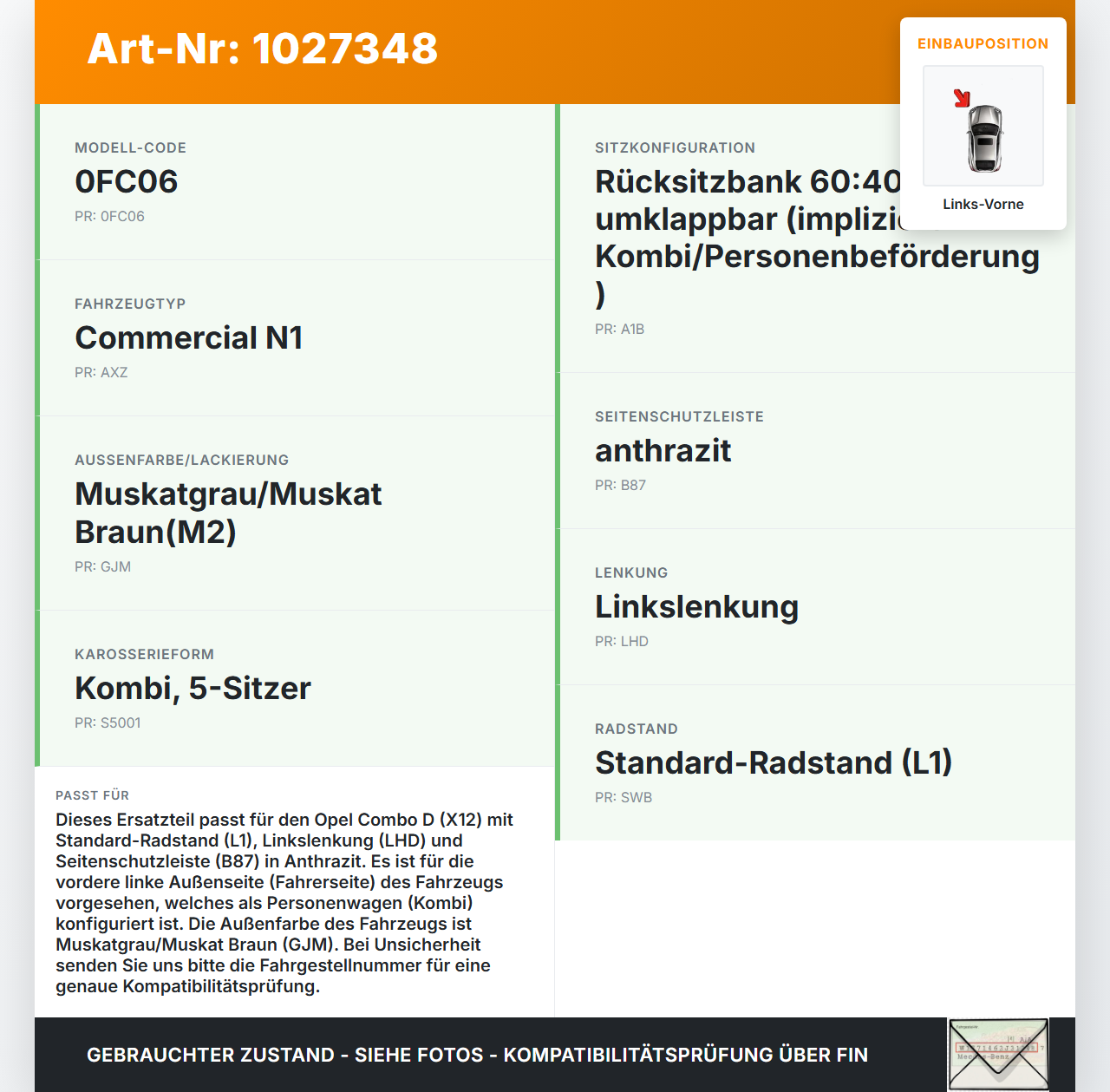 Opel Combo D X12 11-18 Kombi Türleiste Beplankung Links Vorne Aussen GJM Opel Combo D X12 11-18 09.04.2018 gebraucht Vorschau 3