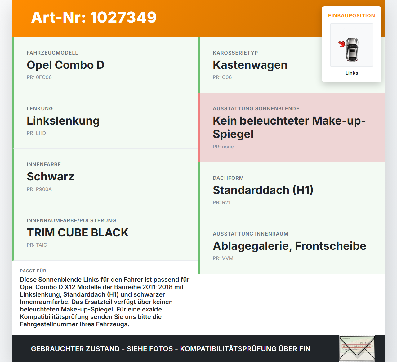Opel Combo D X12 11-18 Sonnenblende Links für Fahrer Opel Combo D X12 11-18 09.04.2018 gebraucht Vorschau 3