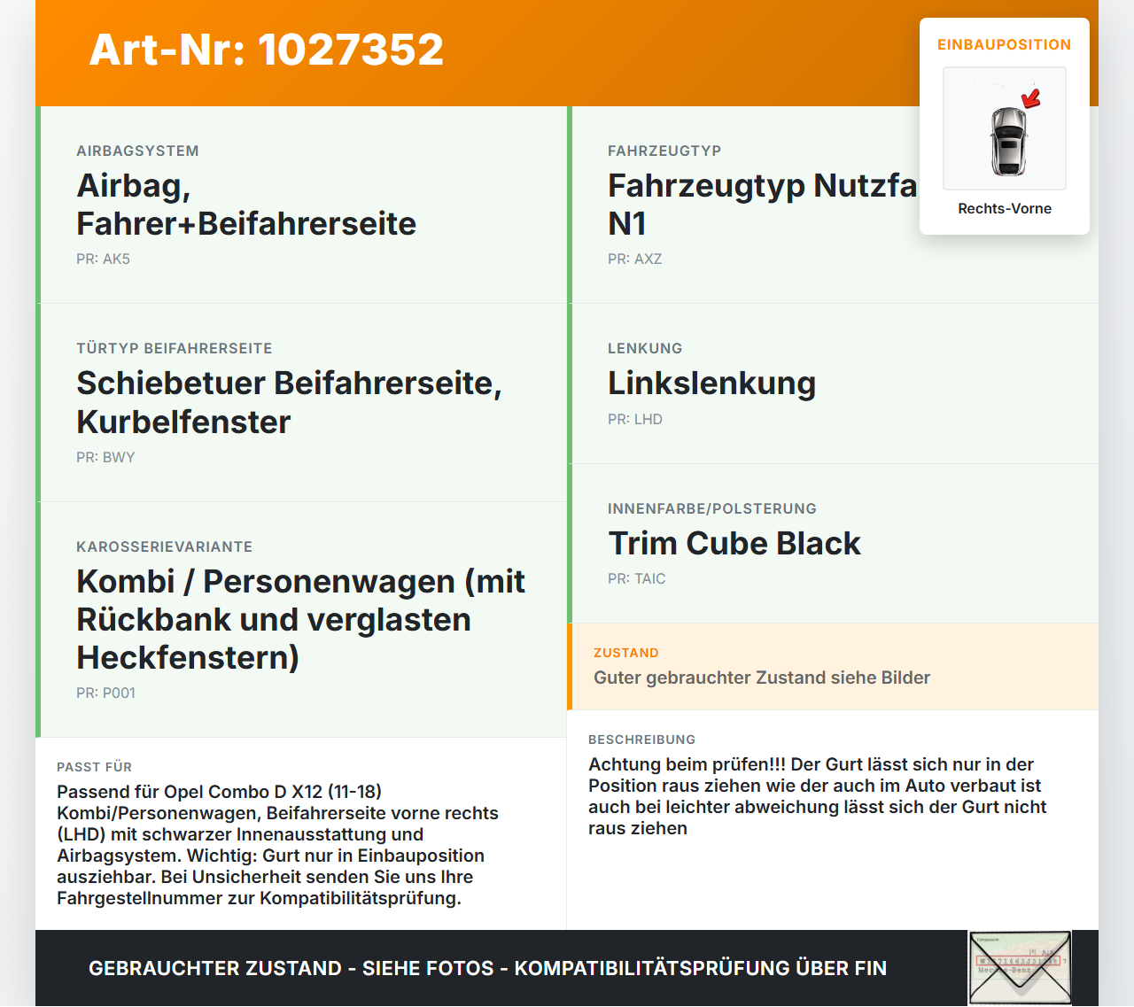 Opel Combo D X12 11-18 Kombi Gurt Sicherheitsgurt Gurtstraffer für Beifahrer Rechts Vorne Opel Combo D X12 11-18... Vorschau 3