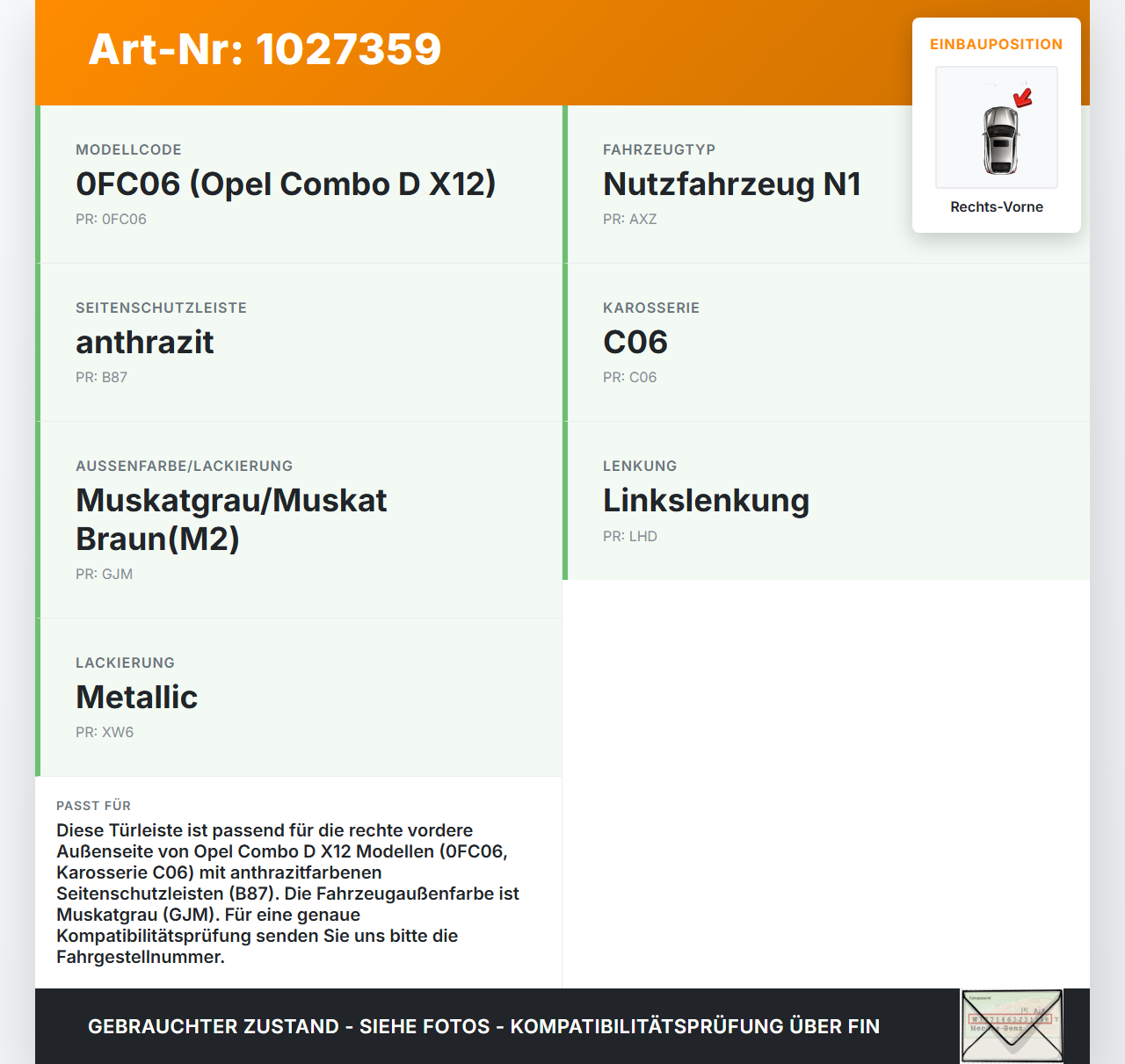 Opel Combo D X12 11-18 Kombi Türleiste Rechts Vorne Aussen GJM Opel Combo D X12 11-18 09.04.2018 gebraucht Vorschau 3