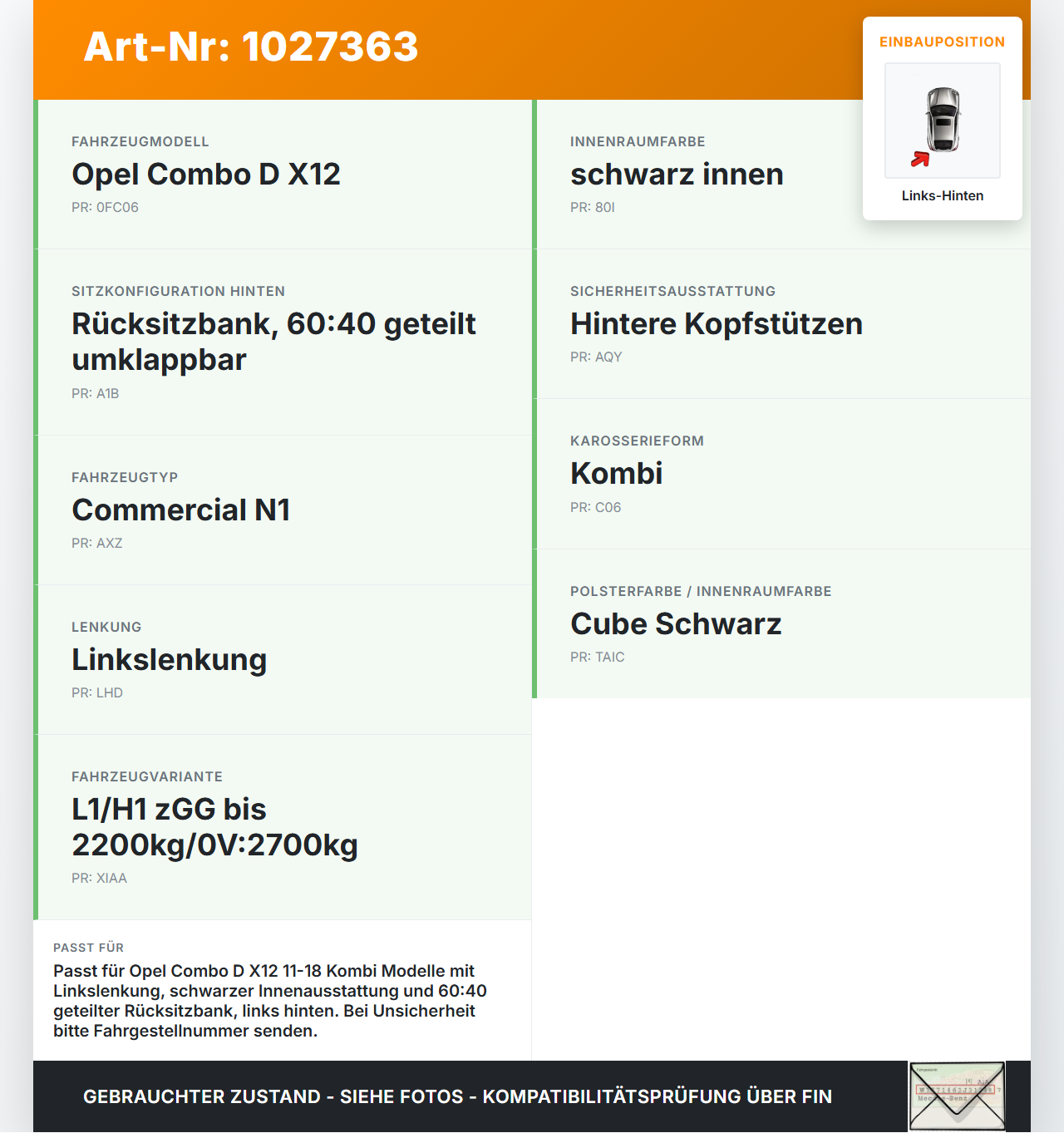 Opel Combo D X12 11-18 Kombi Gurtschloss Links Hinten Opel Combo D X12 11-18 09.04.2018 gebraucht Vorschau 3