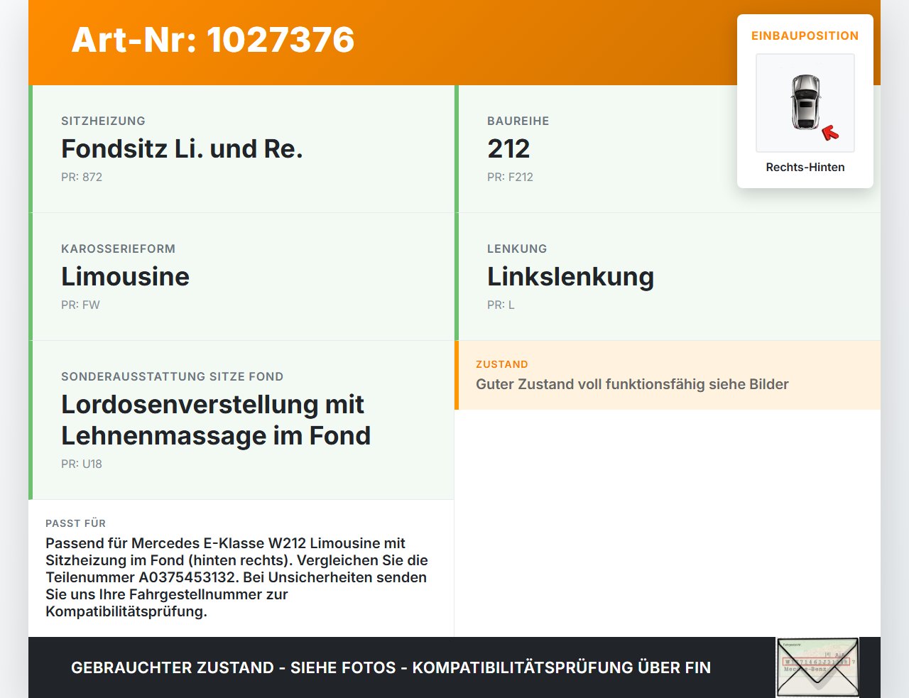 Mercedes E500 W212 09-13 SG ECU Steuergerät für Sitzheizung Rechts Hinten Mercedes E500 W212 09-13 06.12.2011... Vorschau 3