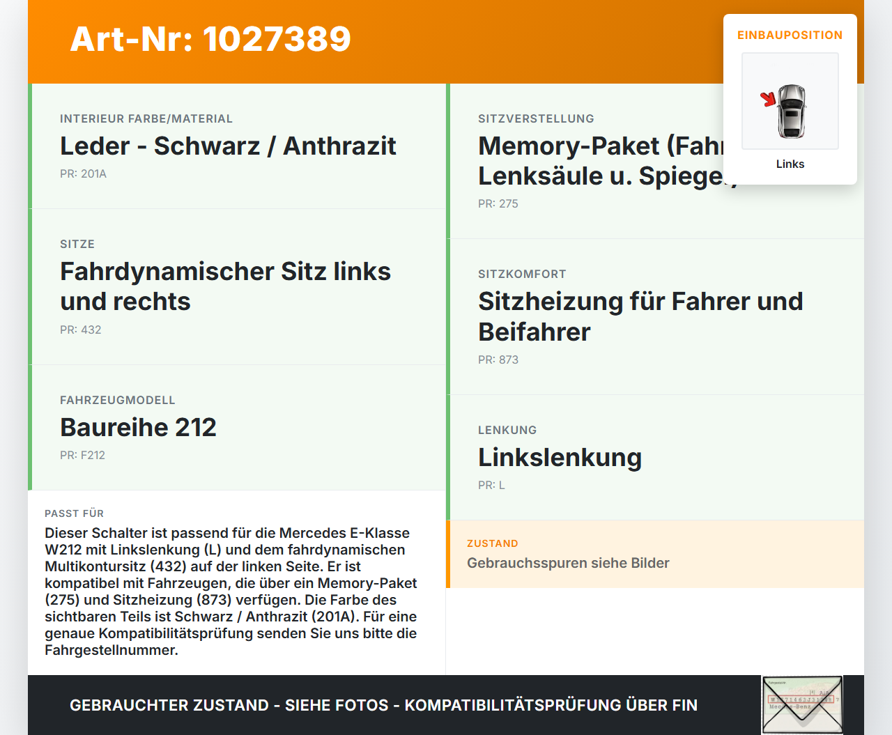 Mercedes E500 W212 09-13 Schalter Sitzverstellung Multikontursitz Dyn Puls Links Mercedes E500 W212 09-13... Vorschau 3