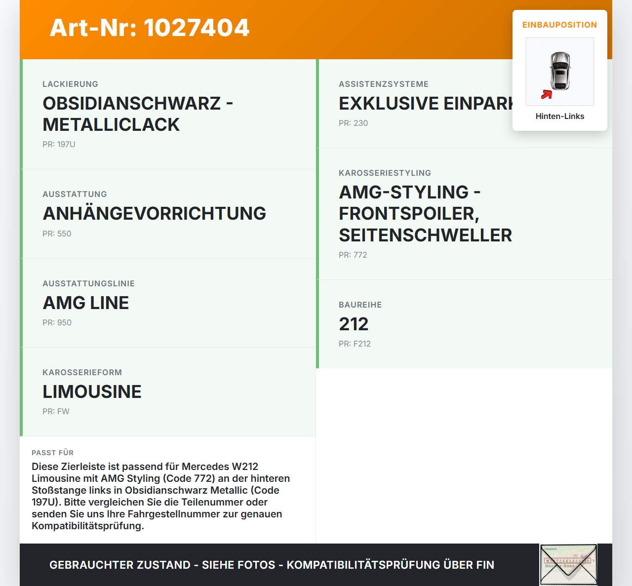 Mercedes E500 W212 09-13 Zierleiste Stoßstange Hinten Links Schwarz Mercedes E500 W212 09-13 06.12.2011 W2121122985... Vorschau 3
