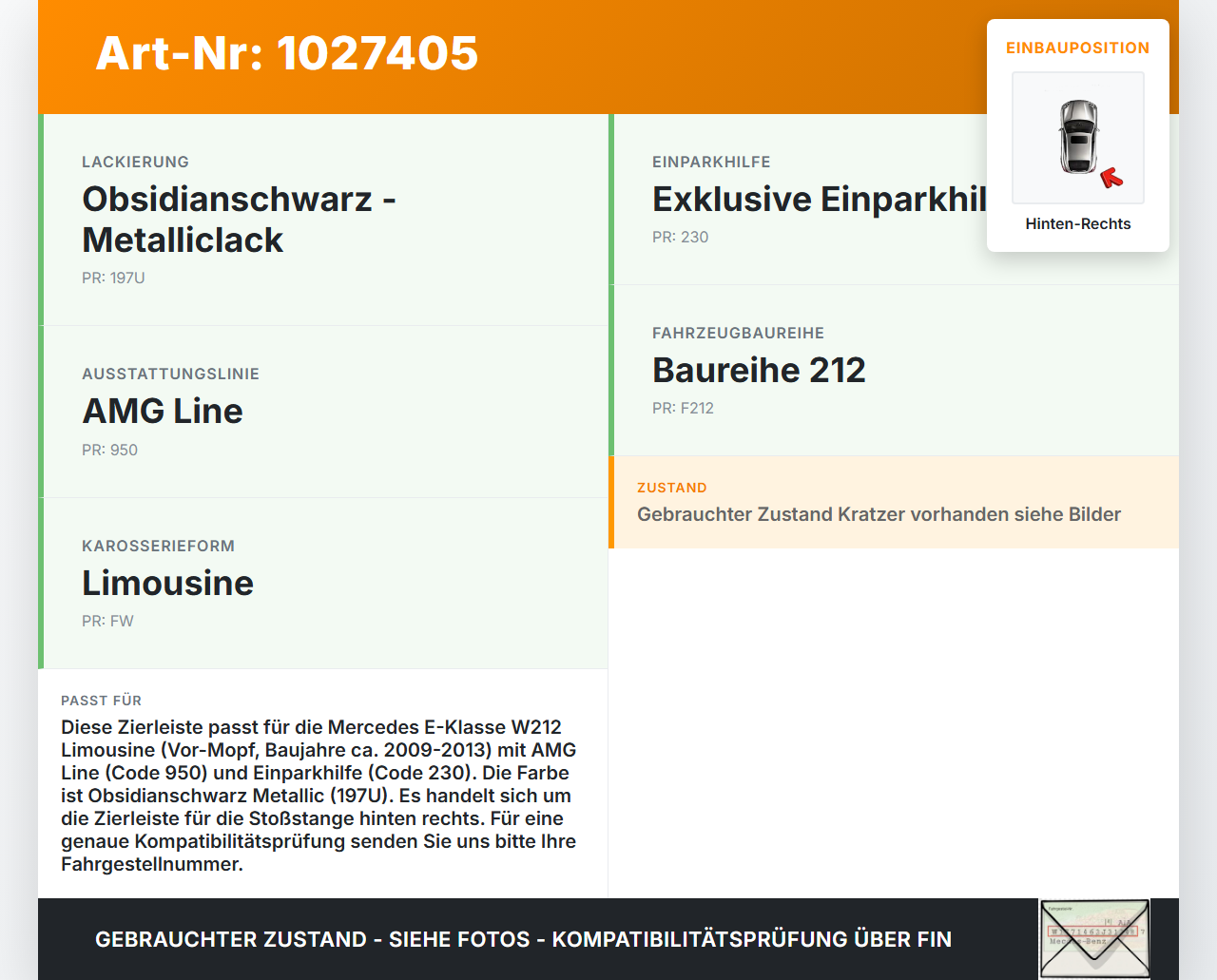Mercedes E500 W212 09-13 Zierleiste Stoßstange Hinten Rechts Schwarz Mercedes E500 W212 09-13 06.12.2011 gebraucht Vorschau 3