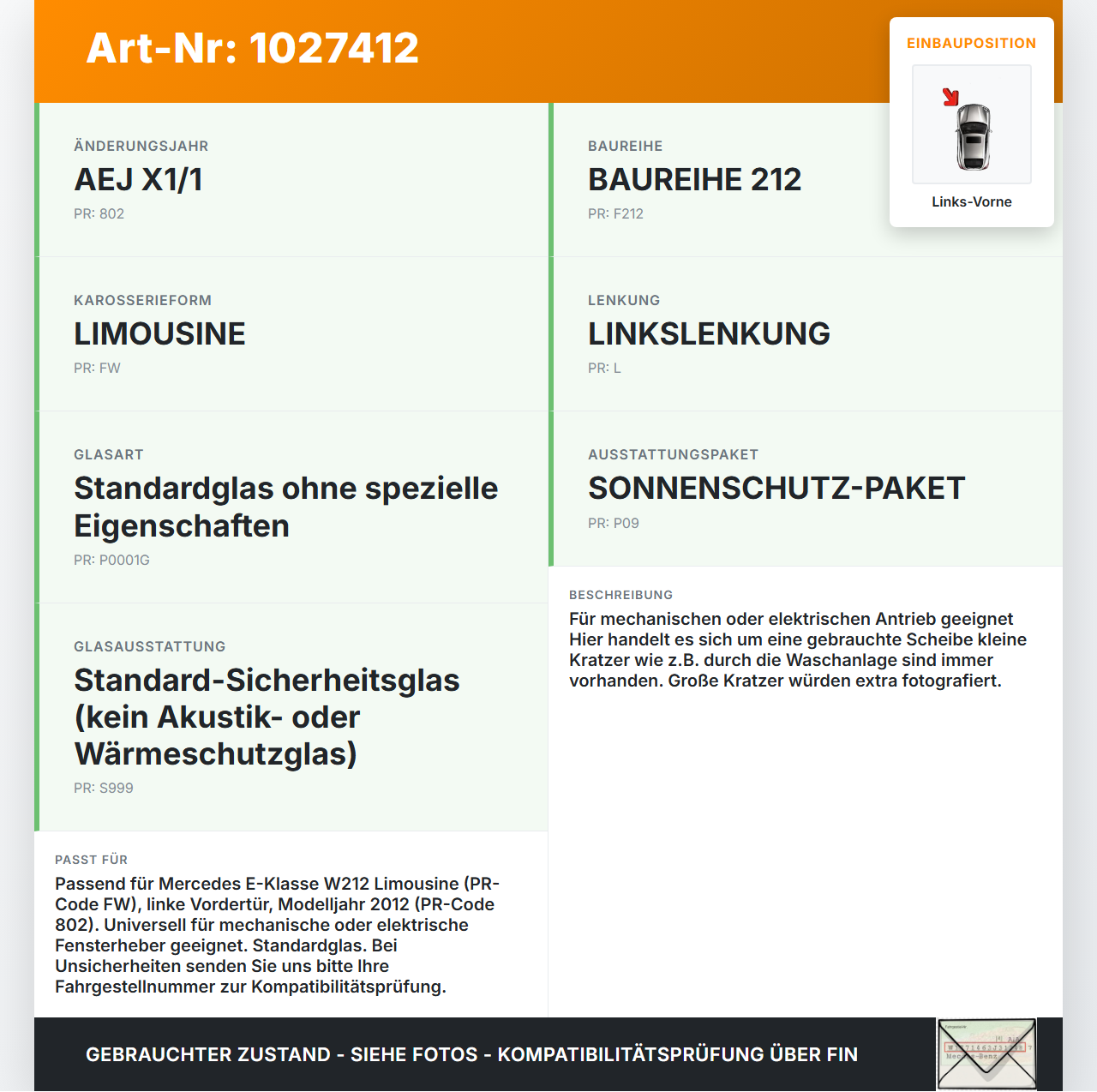 Mercedes E500 W212 09-13 Lim LVK Seitenscheibe für Tür Fenster Türscheibe Links Vorne Mercedes E500 W212 09-13... Vorschau 3