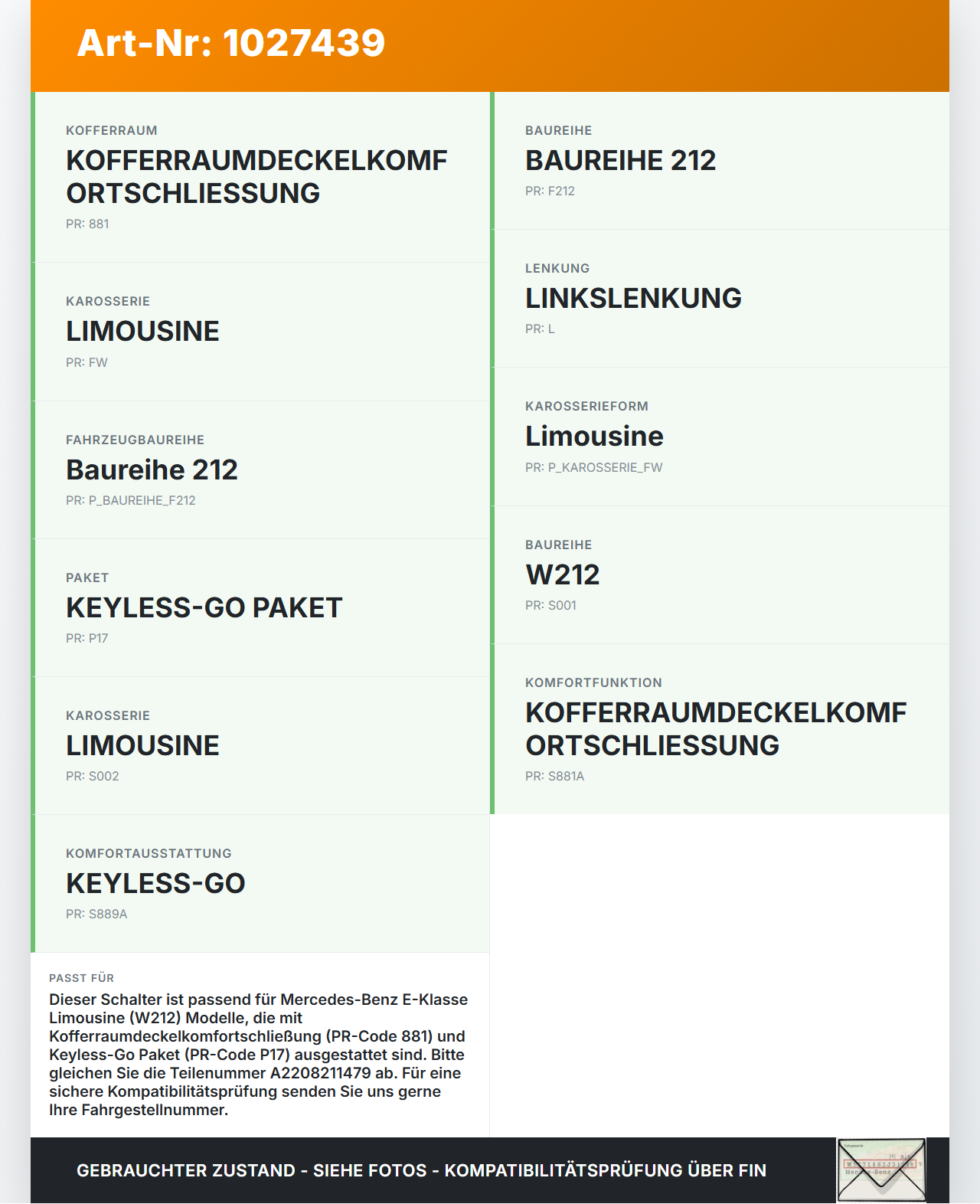 Mercedes E500 W212 09-13 Schalter Taster Öffner für El. Heckklappe Mercedes E500 W212 09-13 06.12.2011 A2208211479... Vorschau 3