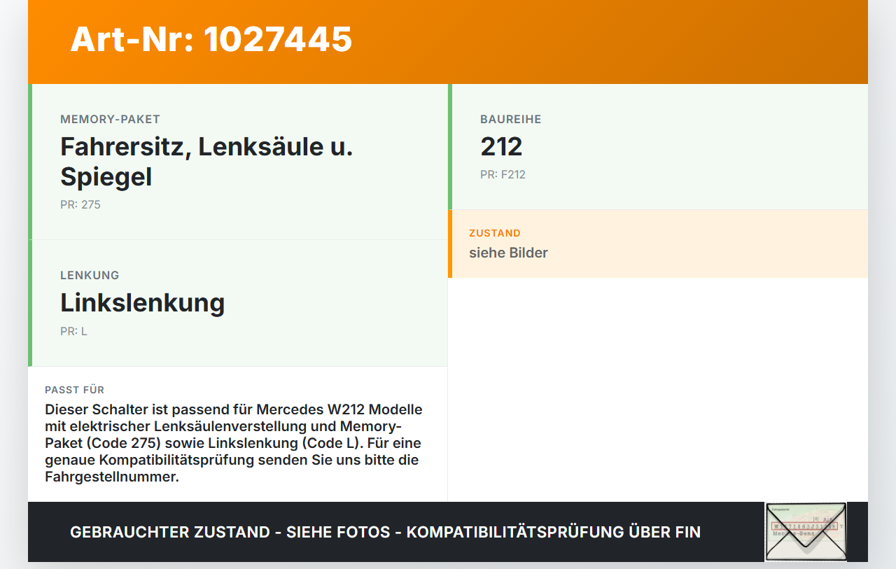Mercedes E500 W212 09-13 Schalter für Elektr. Lenksäulenverstellung Mercedes E500 W212 09-13 06.12.2011 01490420-11... Vorschau 3