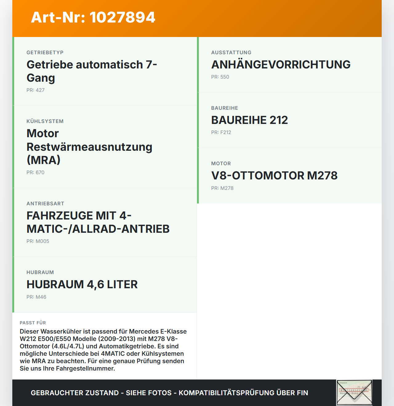 Mercedes E500 W212 09-13 4,7 300KW Wasserkühler Kühler Mercedes E500 W212 09-13 06.12.2011 A2045003603 gebraucht Vorschau 3