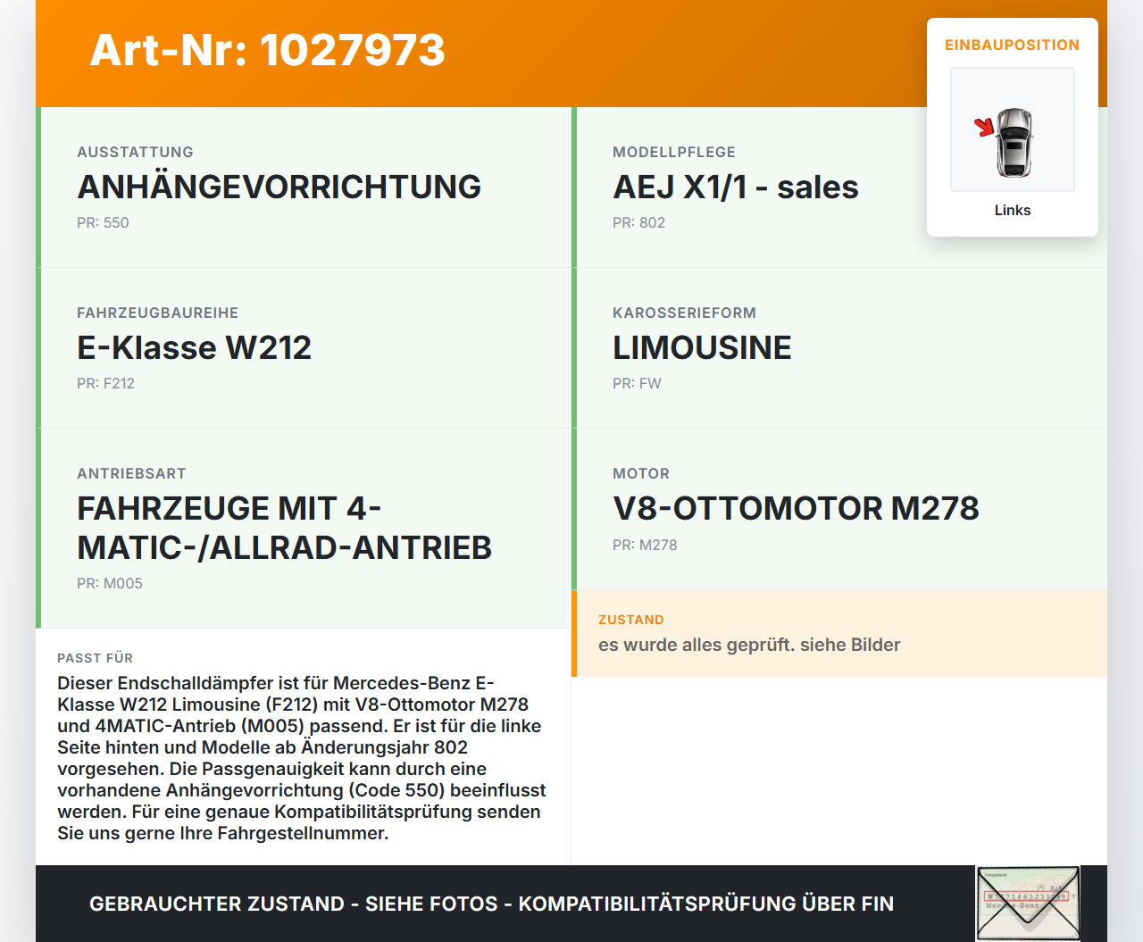 Mercedes E500 W212 09-13 4,7 300KW Endschalldämpfer Endtopf Auspuff Links Mercedes E500 W212 09-13 06.12.2011... Vorschau 3