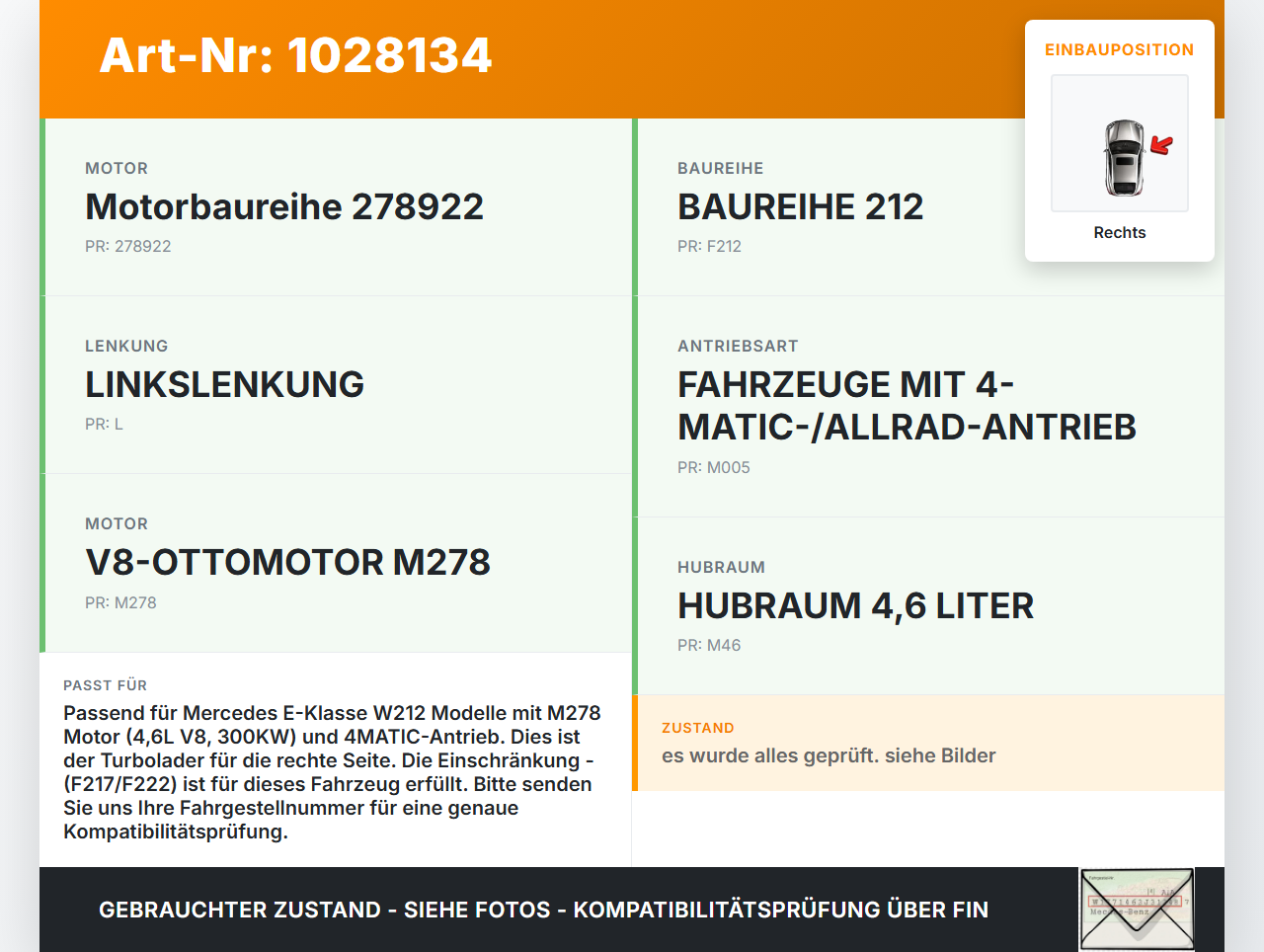 Mercedes E500 W212 09-13 4,7 300KW 278922 Turbolader Turbo Rechts Mercedes E500 W212 09-13 06.12.2011 A2780901880... Vorschau 3