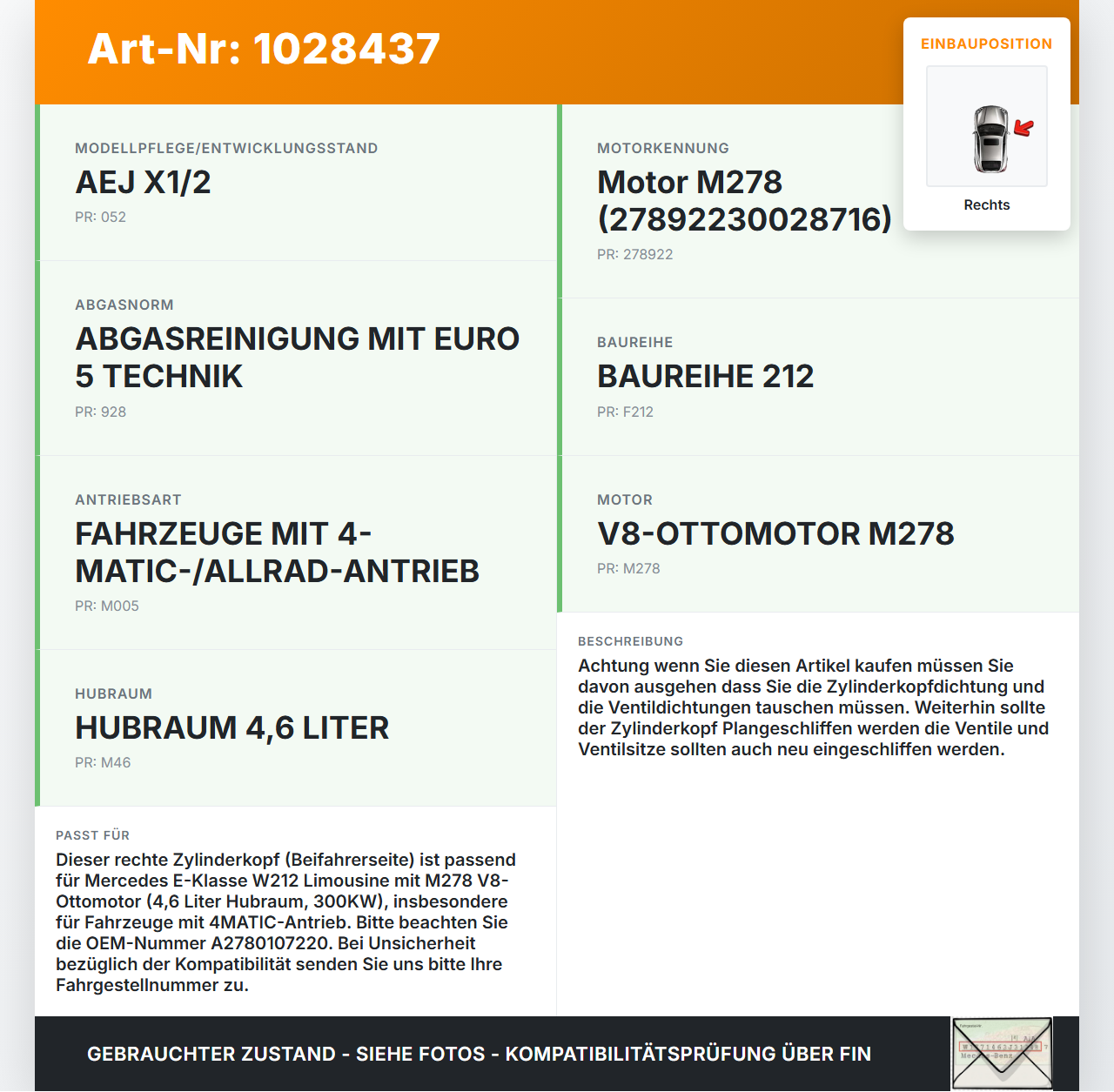 Mercedes E500 W212 09-13 4,7 300KW 278922 Zylinderkopf Rechts Mercedes E500 W212 09-13 06.12.2011 A2780107220 gebraucht Vorschau 3