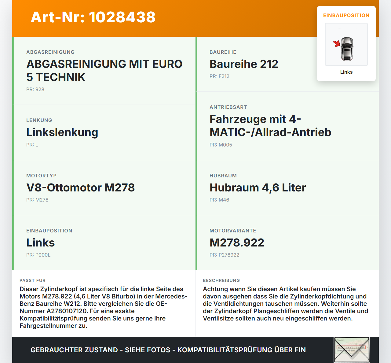 Mercedes E500 W212 09-13 4,7 300KW 278922 Zylinderkopf Links Mercedes E500 W212 09-13 06.12.2011 A2780107120 gebraucht Vorschau 3