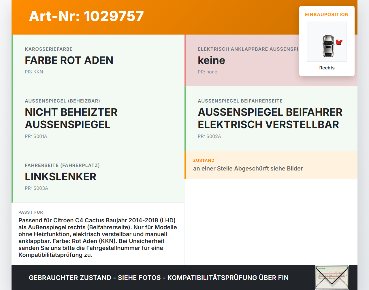 Citroen C4 Cactus 14-18 Spiegel Aussenspiegel Rechts KKN Citroen C4 Cactus 14-18 01.01.2015 98016917XT gebraucht Vorschau 3