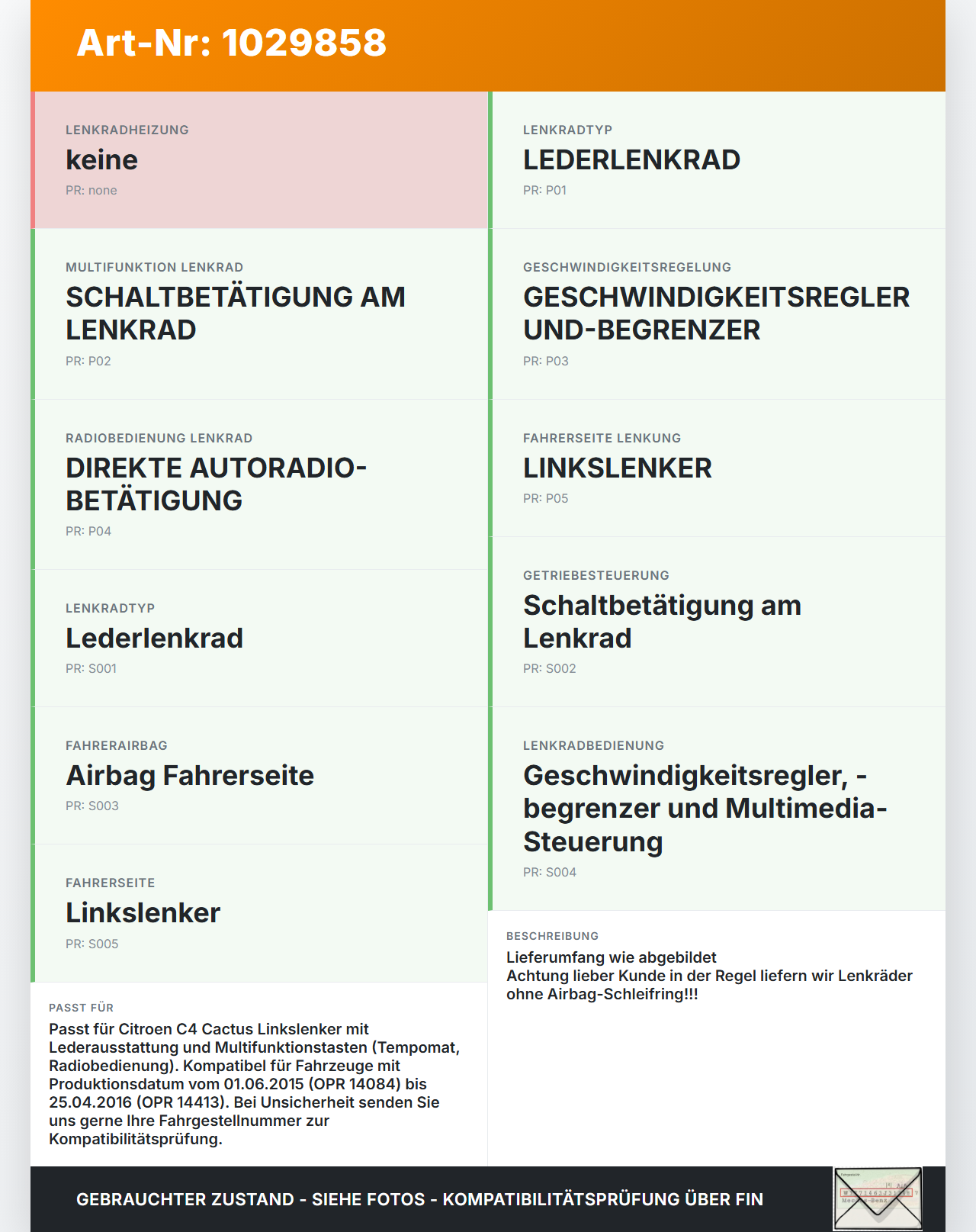 Citroen C4 Cactus 14-18 Lenkrad Airbaglenkrad Citroen C4 Cactus 14-18 01.01.2015 98012181ZD 98031272YC 34137795C... Vorschau 3