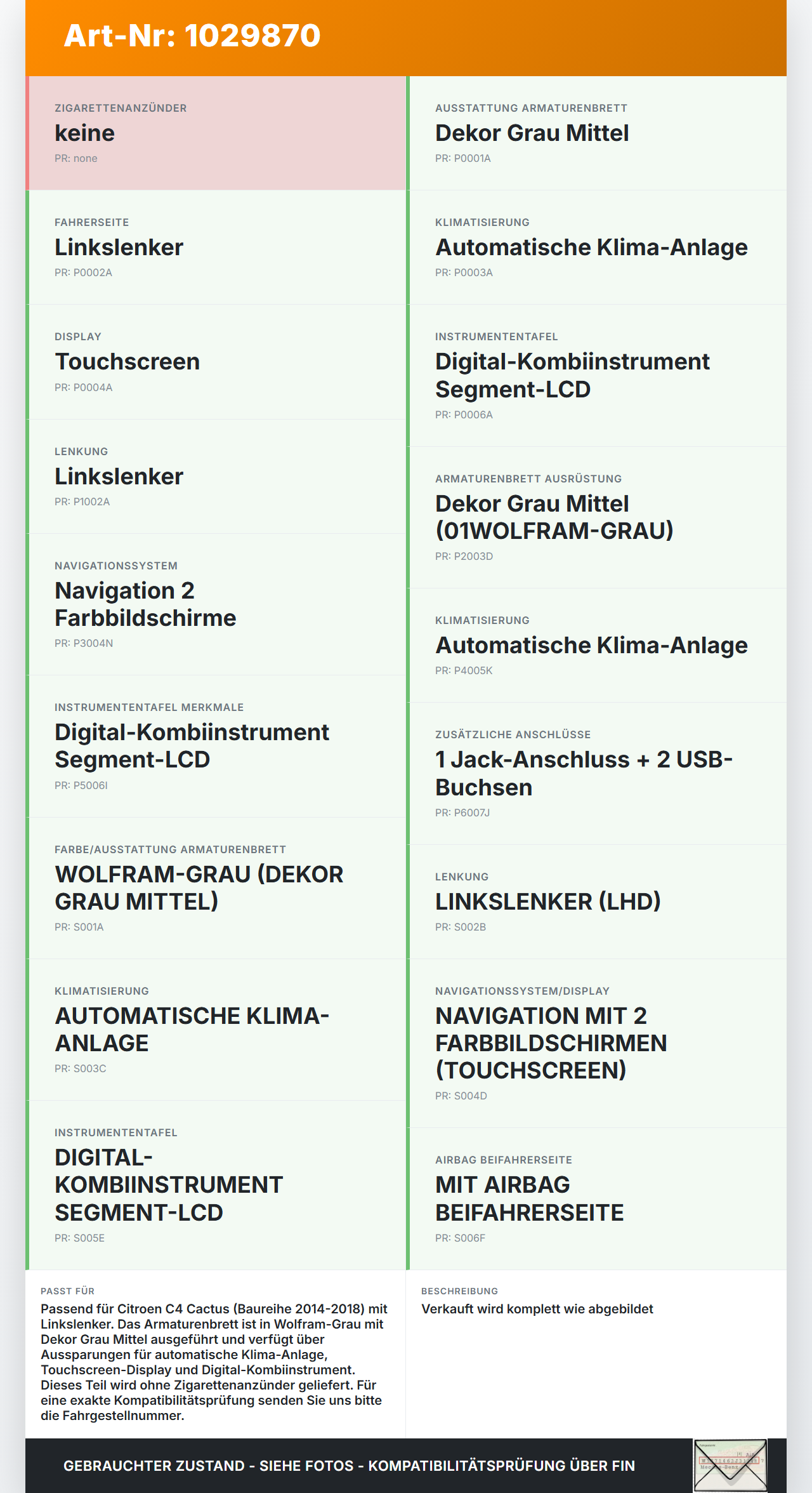 Citroen C4 Cactus 14-18 Armaturenbrett Panel komplett Citroen C4 Cactus 14-18 01.01.2015 16117992BV gebraucht Vorschau 3