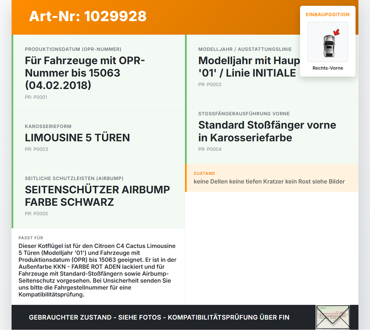 Citroen C4 Cactus 14-18 Kotflügel Rechts Vorne KKN Citroen C4 Cactus 14-18 01.01.2015 9801112080 gebraucht Vorschau 3