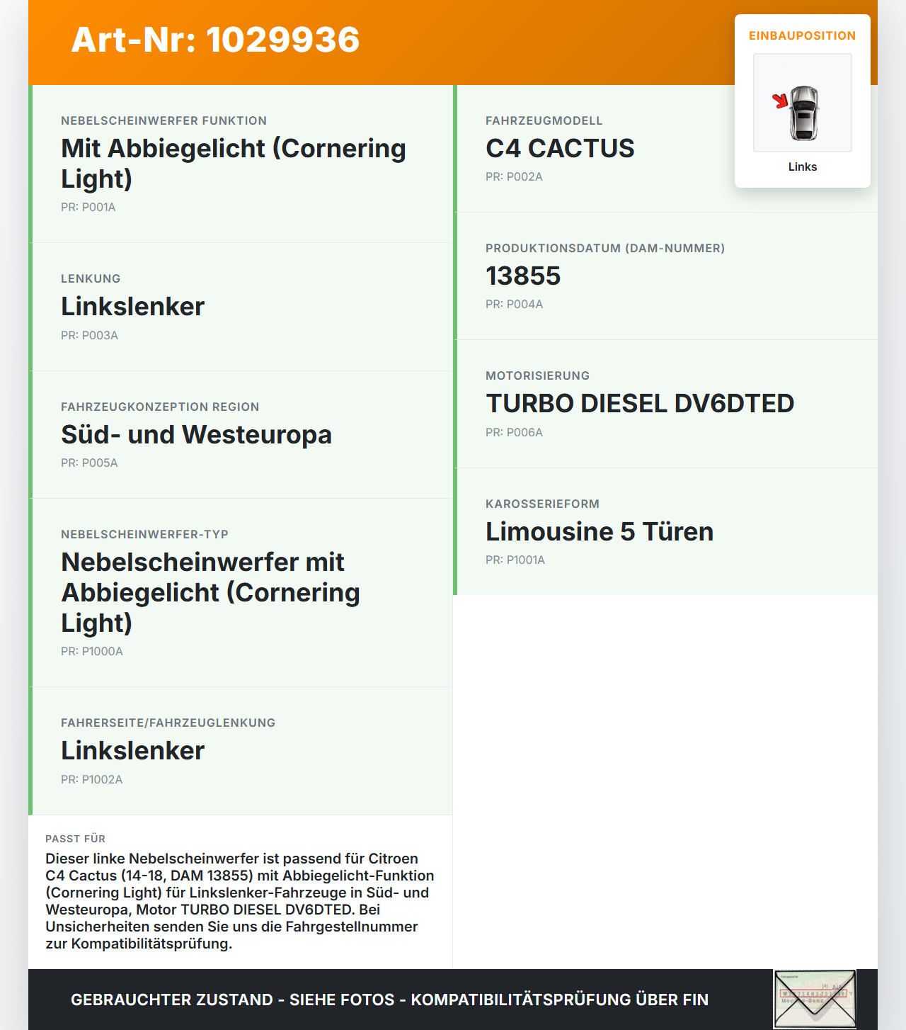 Citroen C4 Cactus 14-18 Nebelscheinwerfer Links orig. Citroen C4 Cactus 14-18 01.01.2015 9675450980 gebraucht Vorschau 3