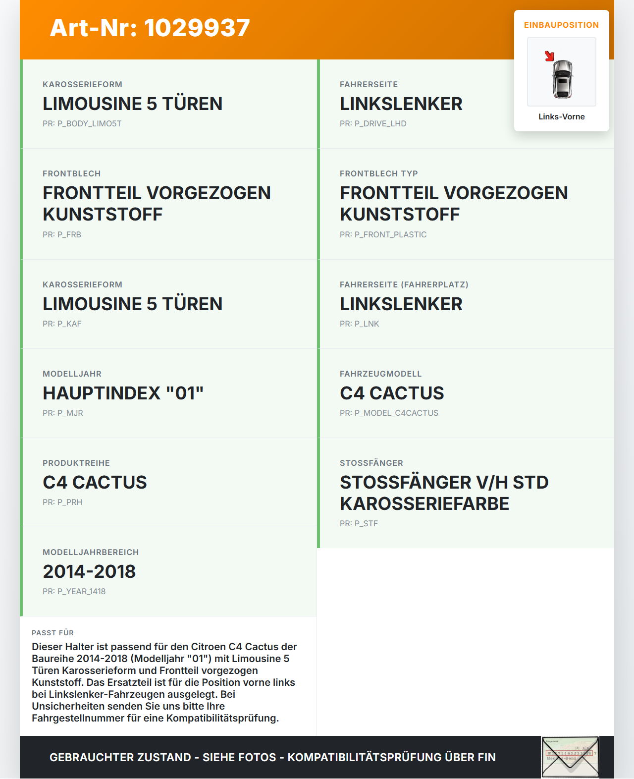Citroen C4 Cactus 14-18 Halter Träger Führung Aufnahme für Kotflügel Links Vorne Citroen C4 Cactus 14-18 01.01.2015... Vorschau 3