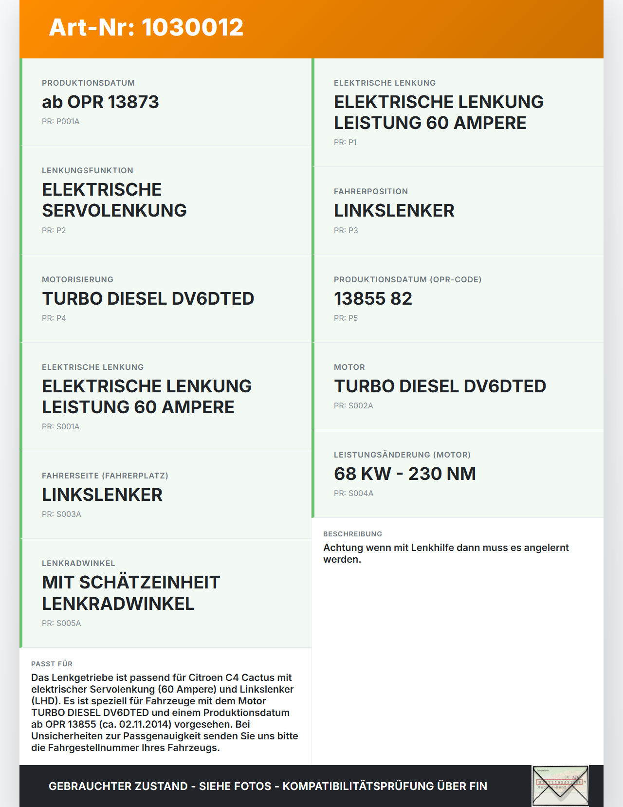 Citroen C4 Cactus 14-18 Lenkgetriebe Servolenkung Citroen C4 Cactus 14-18 01.01.2015 1612037780 4724603 gebraucht Vorschau 3