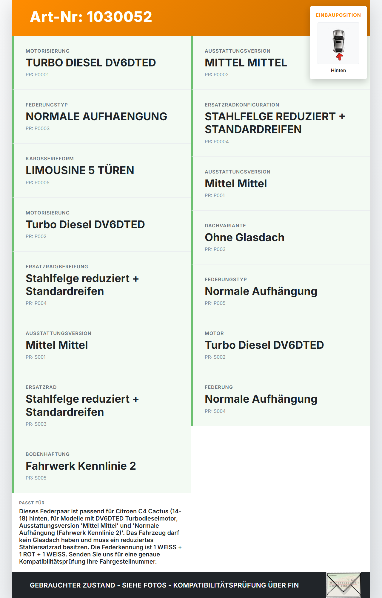 Citroen C4 Cactus 14-18 Beide Feder Federn Hinten Citroen C4 Cactus 14-18 01.01.2015 9809688180 gebraucht Vorschau 3