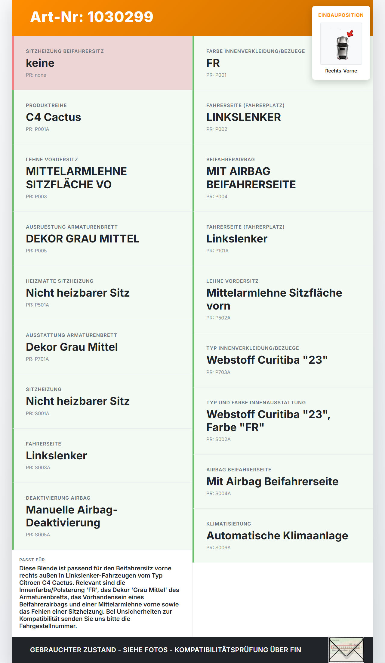 Citroen C4 Cactus 14-18 Blende Innen Auflage Applikation für Beifahrer Sitz Rechts Vorne Aussen Citroen C4 Cactus... Vorschau 3
