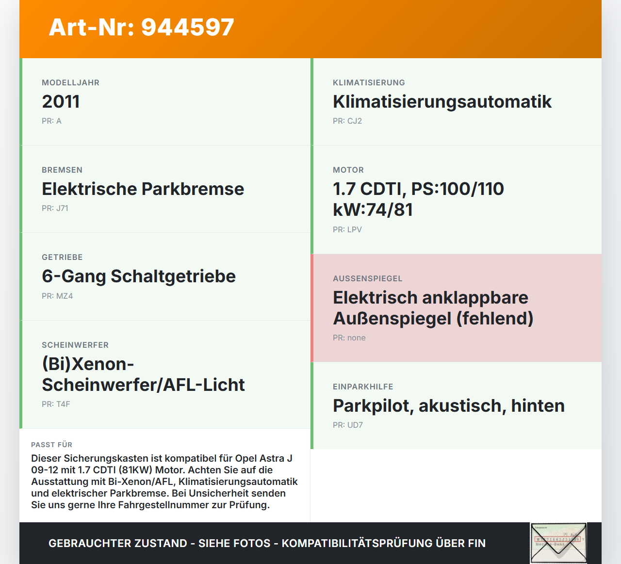 Opel Astra J 09-12 1,7 81KW Sicherungskasten Zentralelektrik Opel Astra J 09-12 31.03.2011 13318783 1110033AB gebraucht Vorschau 3