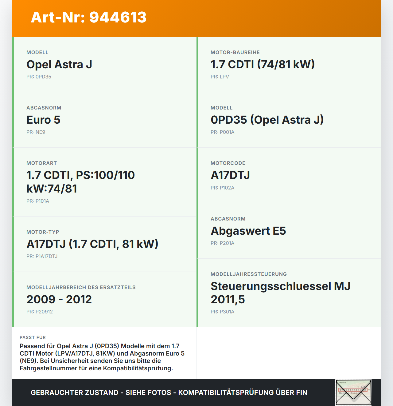 Opel Astra J 09-12 1,7 81KW Sensor Abgastemperatursensor Abgassonde Opel Astra J 09-12 31.03.2011 55566575 gebraucht Vorschau 3