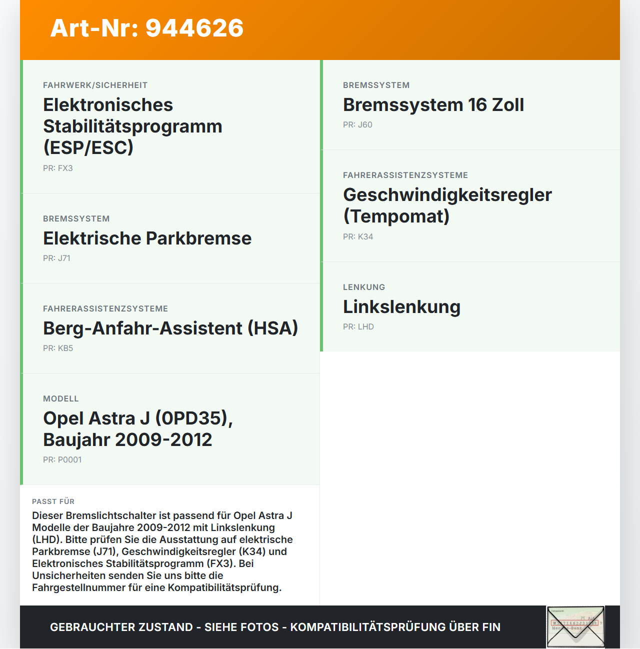 Opel Astra J 09-12 Bremslichtschalter Bremsschalter Opel Astra J 09-12 31.03.2011 15192340 1239111 gebraucht Vorschau 3