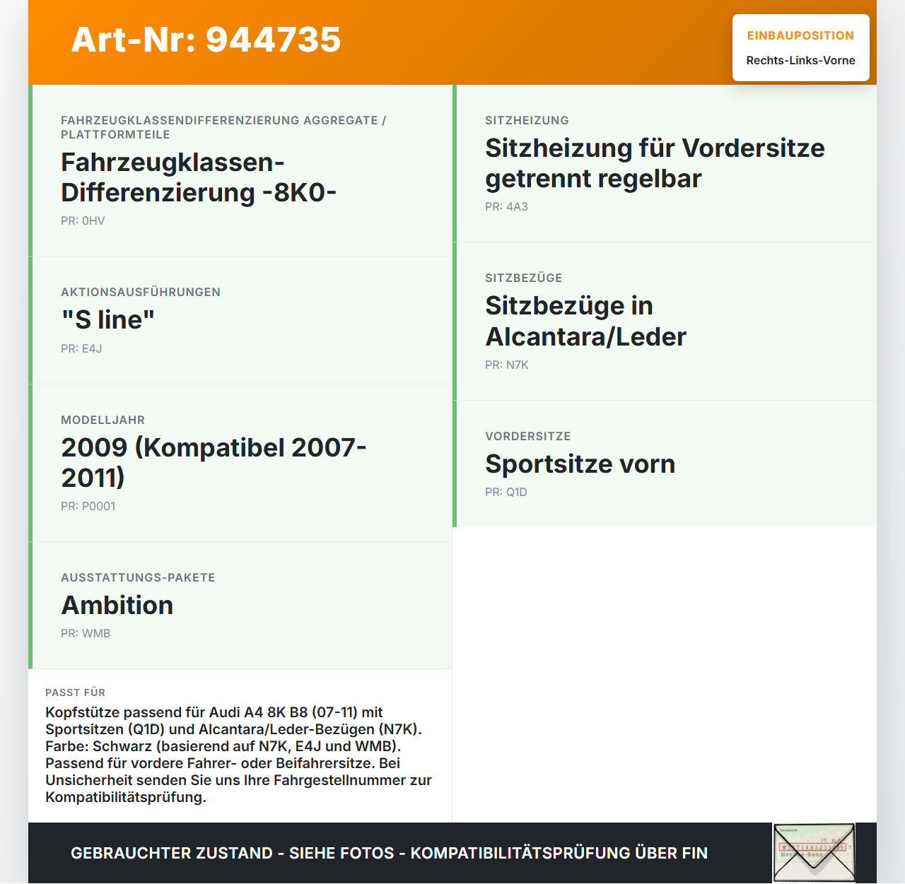 Audi A4 8K B8 07-11 Kopfstütze für Fahrer Sitz Rechts oder Links Vorne Audi A4 8K B8 07-11 29.10.2009 8K0881905... Vorschau 3