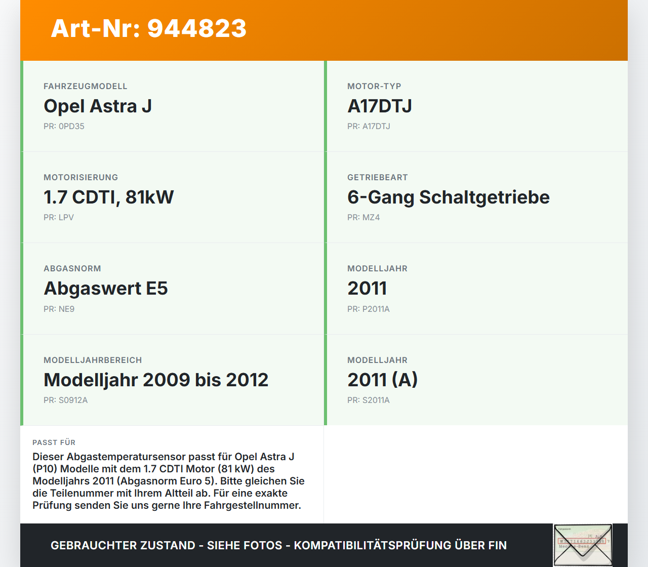 Opel Astra J 09-12 1,7 81KW Abgassonde Abgastemeperatursensor Opel Astra J 09-12 31.03.2011 TS-200 gebraucht Vorschau 3