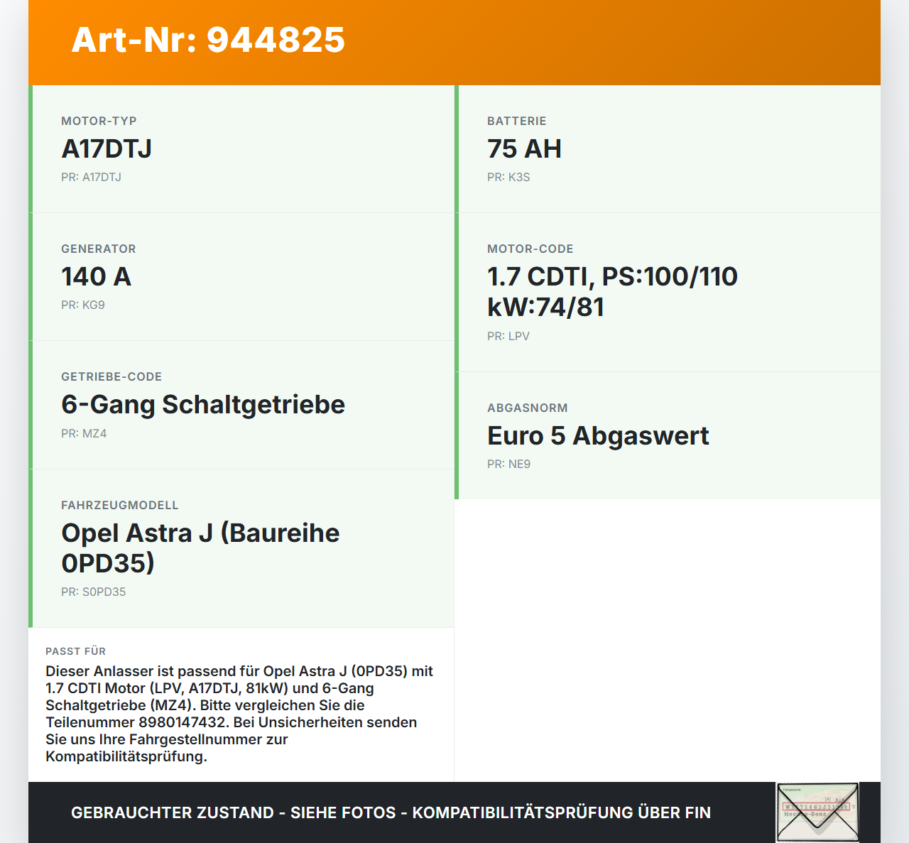 Opel Astra J 09-12 1,7 81KW Anlasser Starter Starter 1,4kW Opel Astra J 09-12 31.03.2011 8980147432 gebraucht Vorschau 3