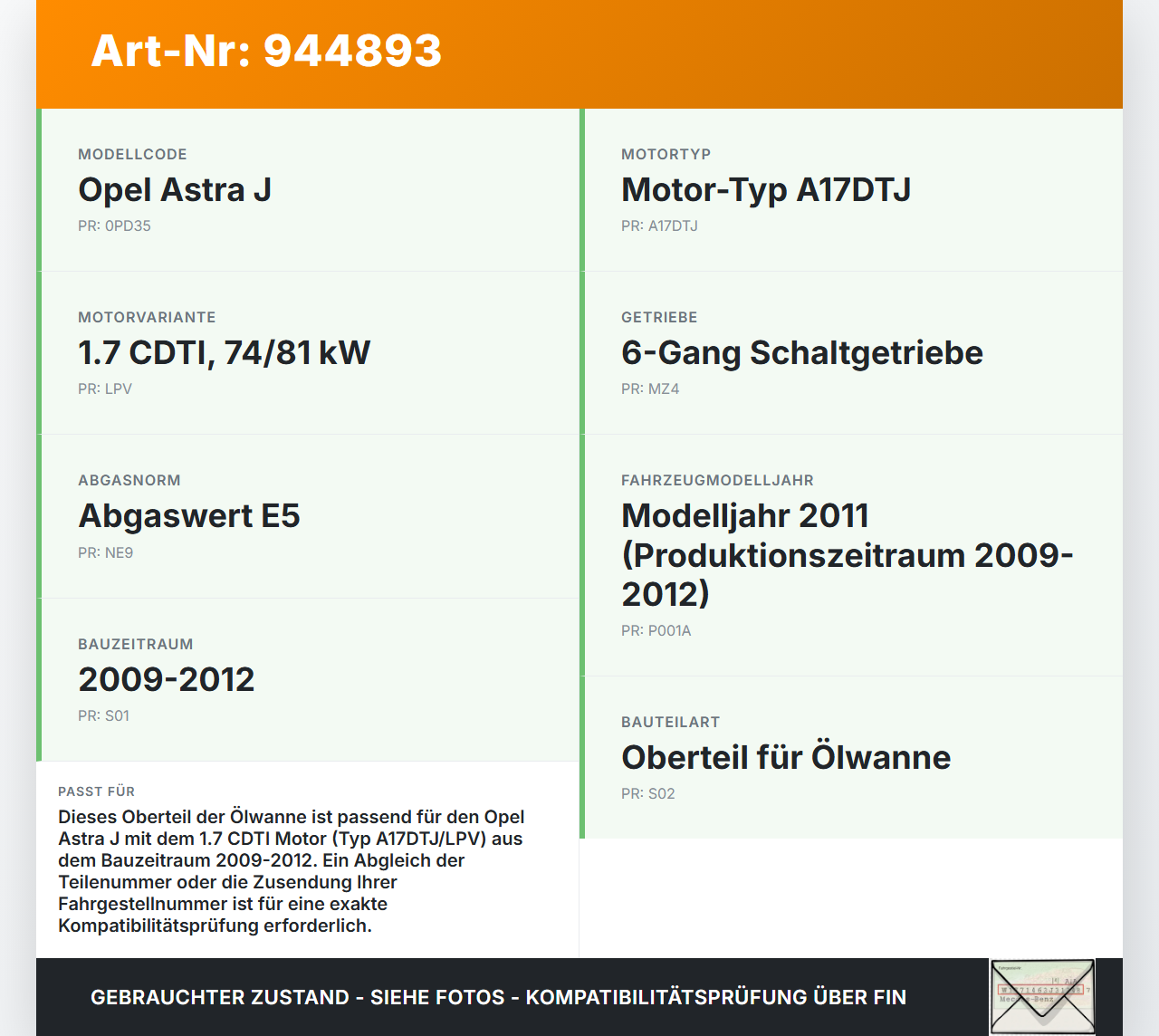 Opel Astra J 09-12 1,7 81KW A17DTJ LPV Oberteil für Ölwanne Motorwanne Opel Astra J 09-12 31.03.2011 98109894... Vorschau 3