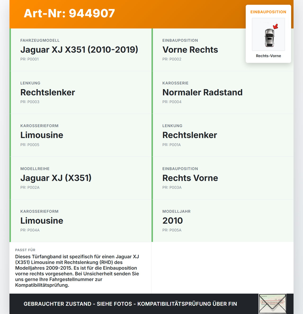Jaguar XJ X351 09-15 Lim Türfangband Türbremse Türanschlag Rechts Vorne Jaguar XJ X351 09-15 26.08.2009 C2D3784... Vorschau 3