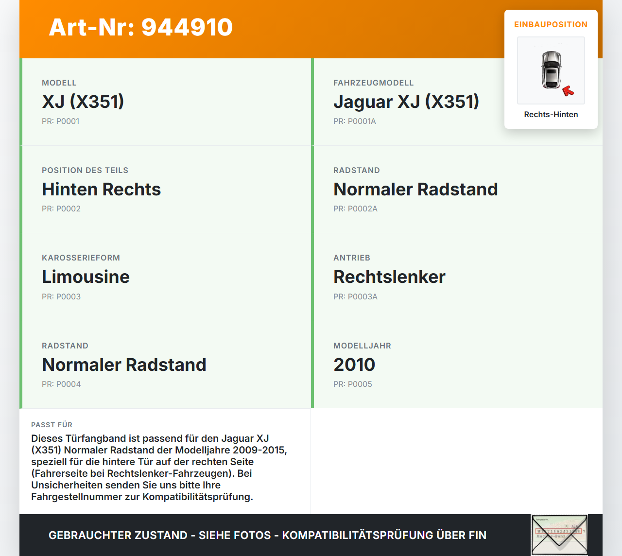 Jaguar XJ X351 09-15 Lim Türfangband Rechts Hinten Jaguar XJ X351 09-15 26.08.2009 gebraucht Vorschau 3