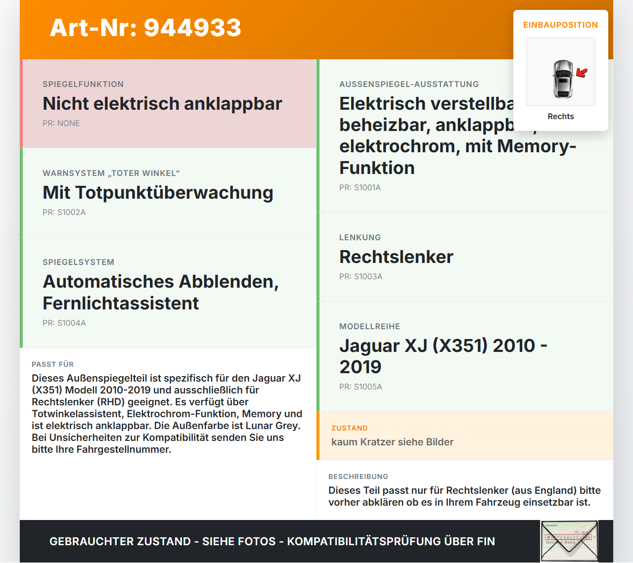 Jaguar XJ X351 09-15 RHD Spiegel Aussenspiegel Rechts Totwinkelassistent Elektrochrom Memory LJZ Jaguar XJ X351... Vorschau 3