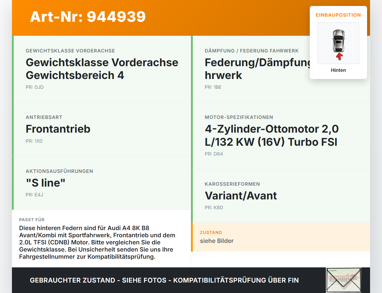 Audi A4 8K B8 07-11 Kombi Beide Feder Federn Hinten Audi A4 8K B8 07-11 29.10.2009 8K0511115GS gebraucht Vorschau 3