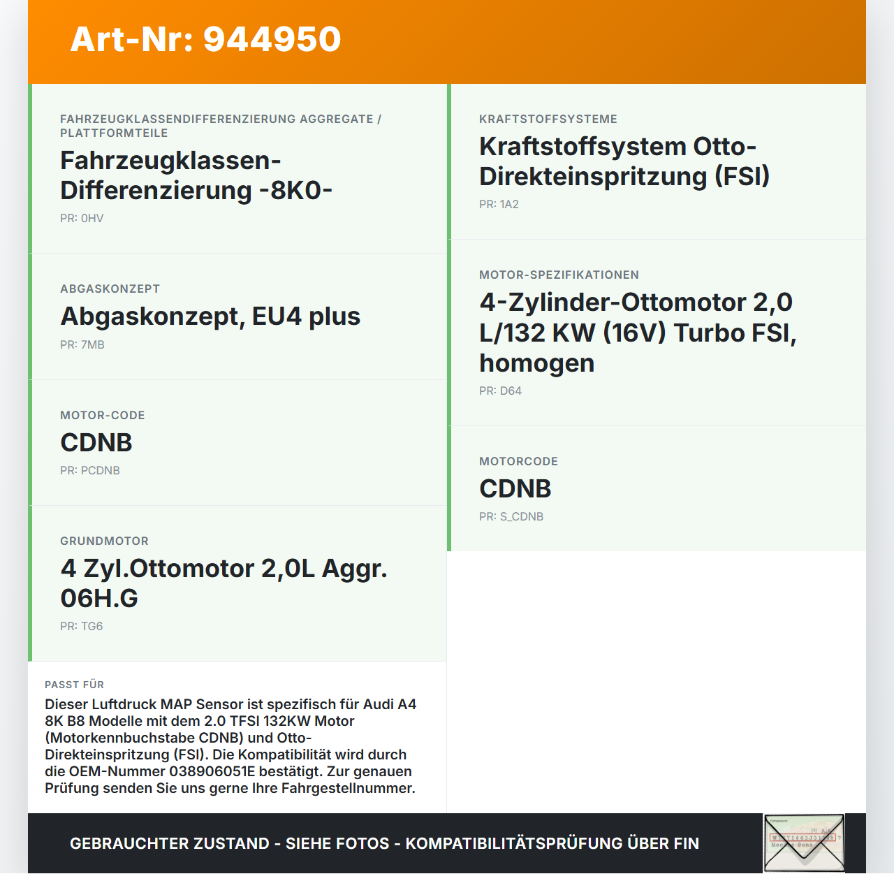 Audi A4 8K B8 07-11 TFSI 2,0 132KW Luftdruck MAP Sensor Audi A4 8K B8 07-11 29.10.2009 038906051E 0261230209 gebraucht Vorschau 3