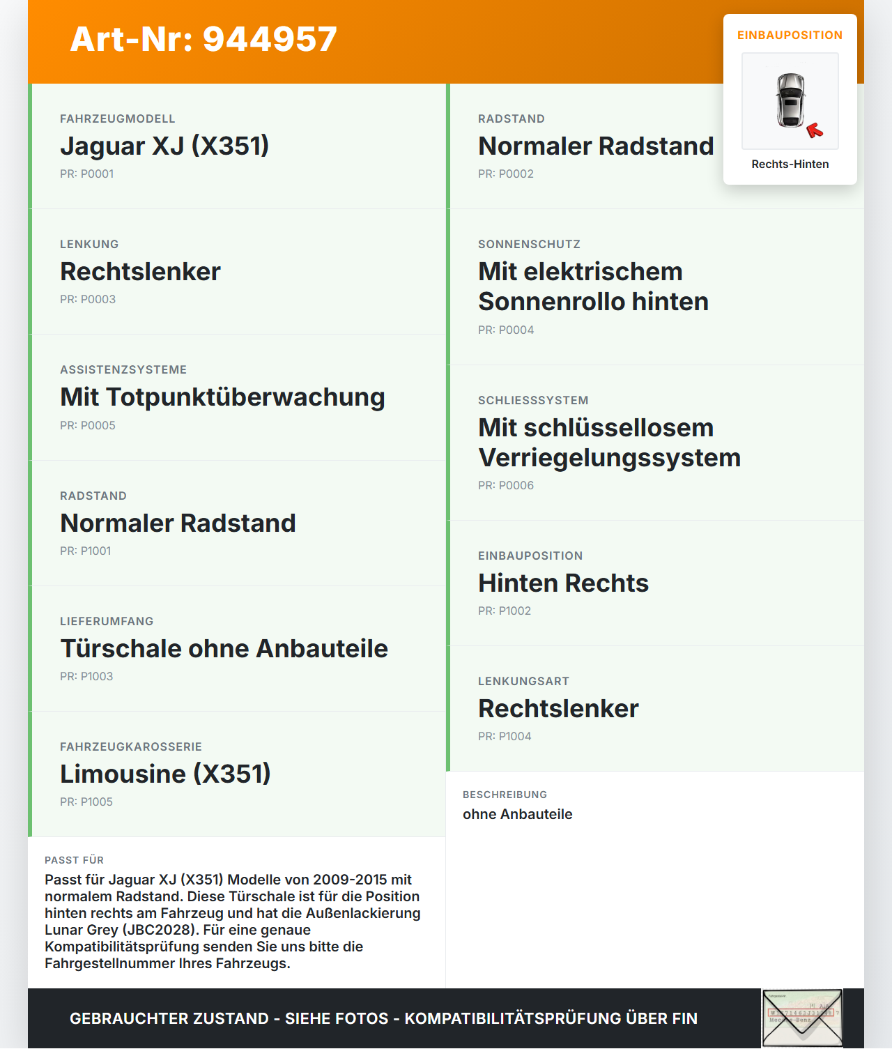 Jaguar XJ X351 09-15 Lim Tür Rechts Hinten LJZ Jaguar XJ X351 09-15 26.08.2009 C2D1162 gebraucht Vorschau 3