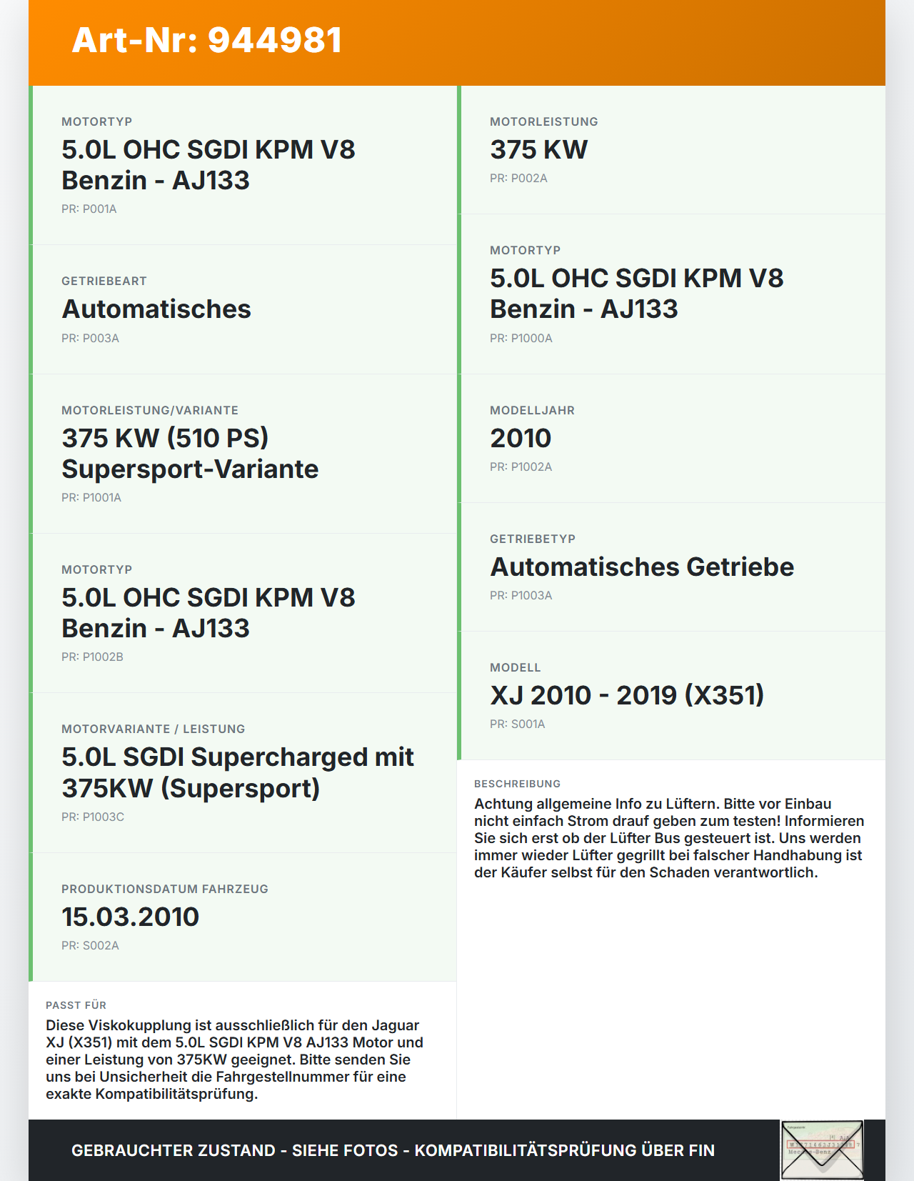 Jaguar XJ X351 09-15 SGDI 5,0 375KW Viskokupplung Visco Kupplung ohne Lüfterrad Jaguar XJ X351 09-15 26.08.2009... Vorschau 3