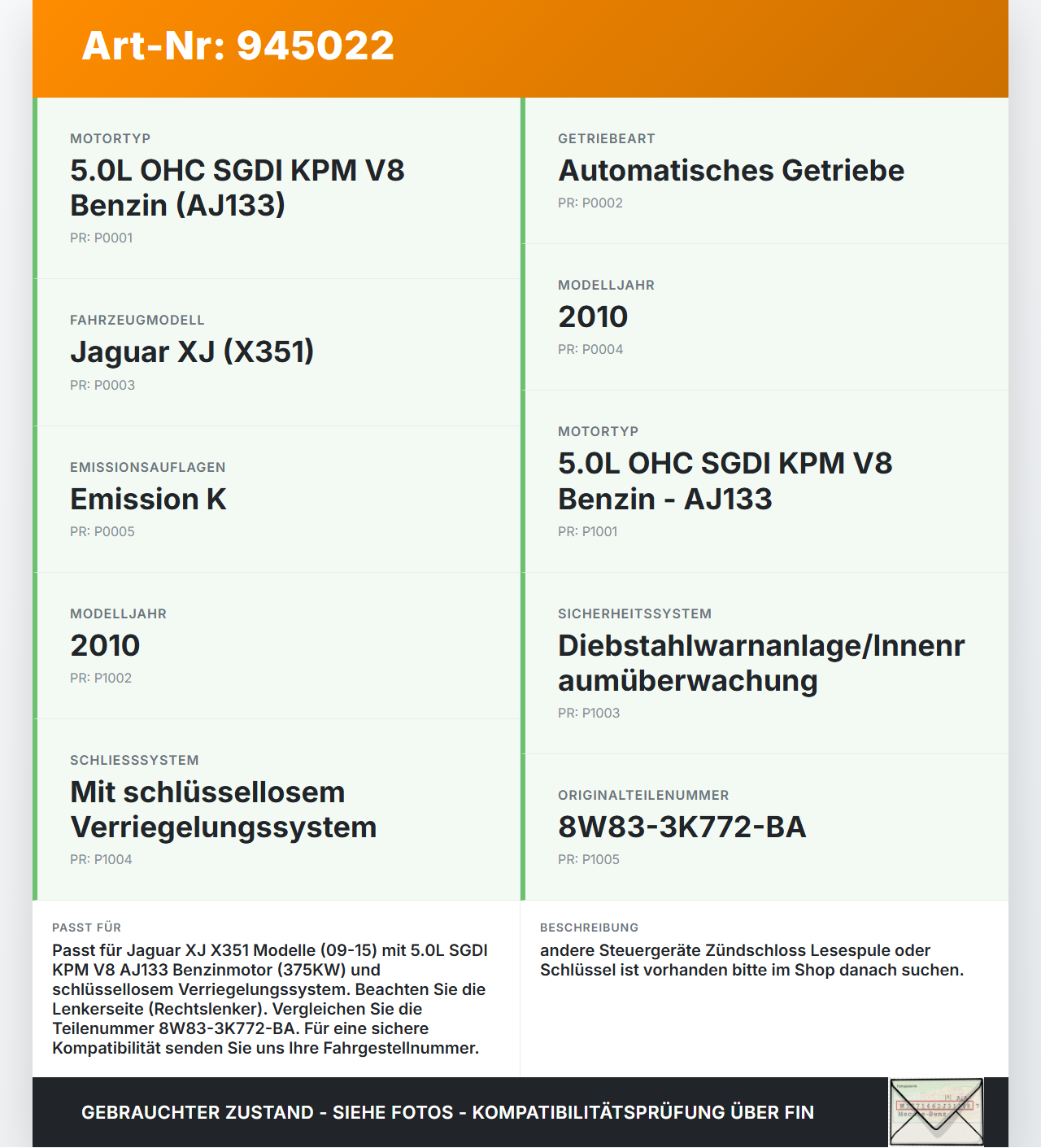 Jaguar XJ X351 09-15 SGDI 5,0 375KW Wegfahrsperre ECU Steuergerät Jaguar XJ X351 09-15 26.08.2009 C2D2942... Vorschau 3