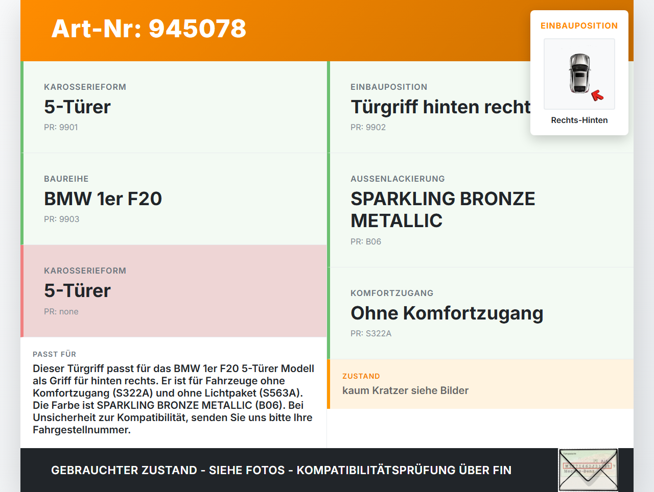 BMW 1er 114i F20 11-15 5T Türgriff Griff aussen Rechts Hinten B06 BMW 1er 114i F20 11-15 23.09.2014 7207562... Vorschau 3
