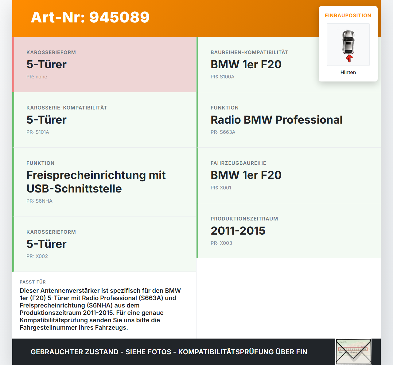 BMW 1er 114i F20 11-15 Antennenverstärker Weiche Antenne Hinten BMW 1er 114i F20 11-15 23.09.2014 9226881... Vorschau 3