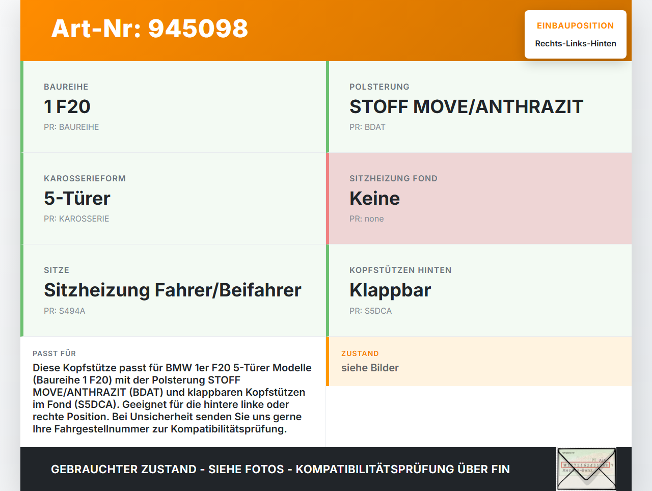 BMW 1er 114i F20 11-15 Kopfstütze Rechts oder Links Hinten Anthrazit Grau BMW 1er 114i F20 11-15 23.09.2014... Vorschau 3