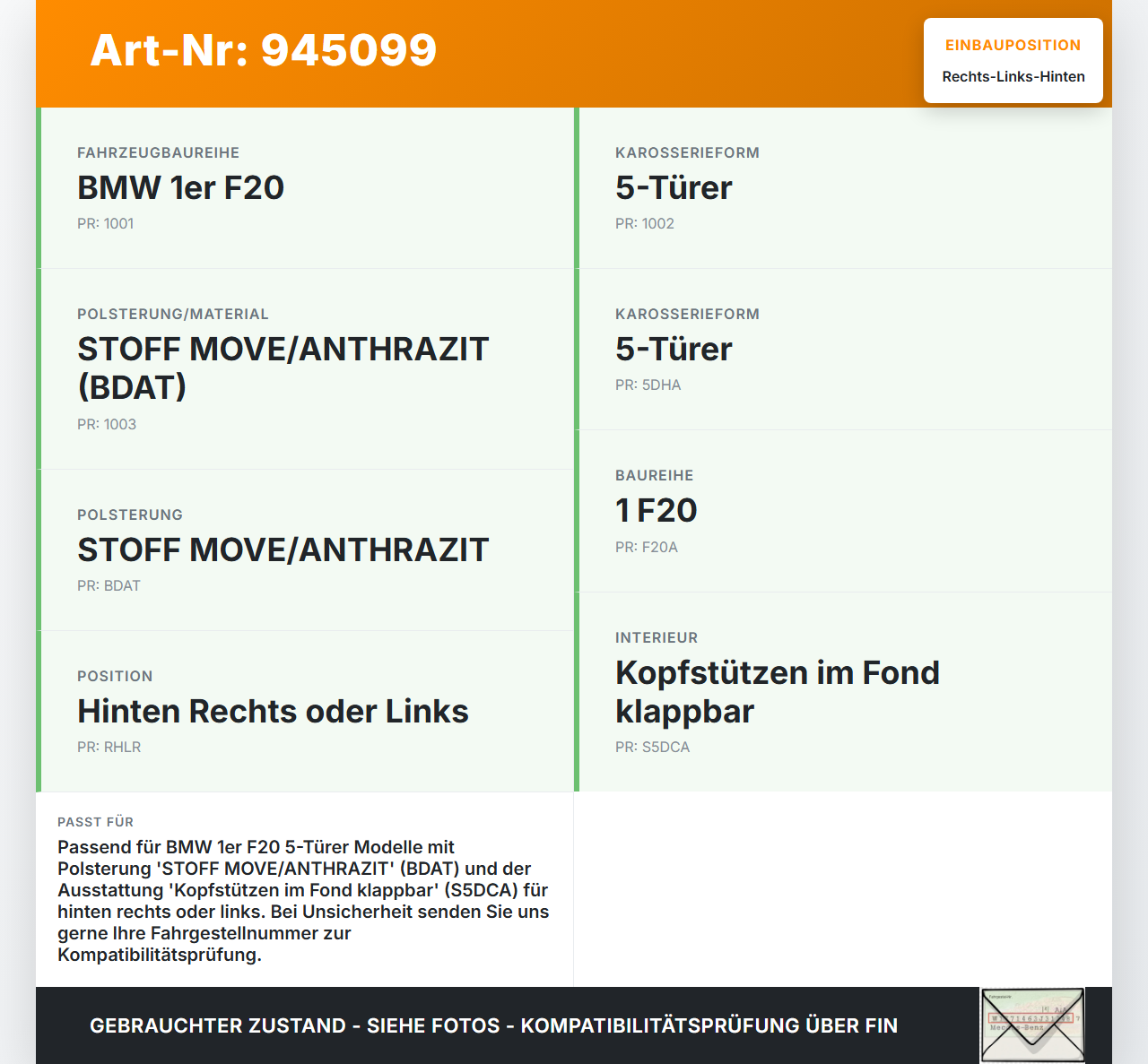 BMW 1er 114i F20 11-15 Kopfstütze Rechts oder Links Hinten Anthrazit Grau BMW 1er 114i F20 11-15 23.09.2014... Vorschau 3